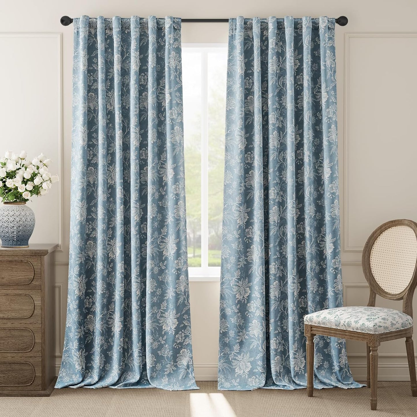 jinchan Blackout Floral Curtains for Bedroom, 96 Inches Long Printed Flower Black Out Curtains, French Country Back Tab Sage Green Window Treatment Farmhouse Drapes Set 2 Panels Green