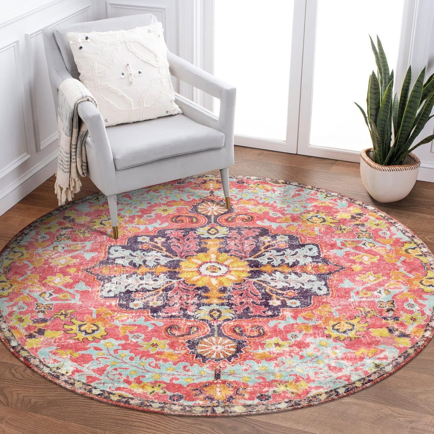 Lahome Bohemian Floral Medallion Round Rug - 4Ft Soft Bedroom Area Rug Oriental Distressed Washable Entryway Foyer Throw Mat Non-Slip Door Carpet for Dining Living Room Bedside Nursery, Orange/Multi