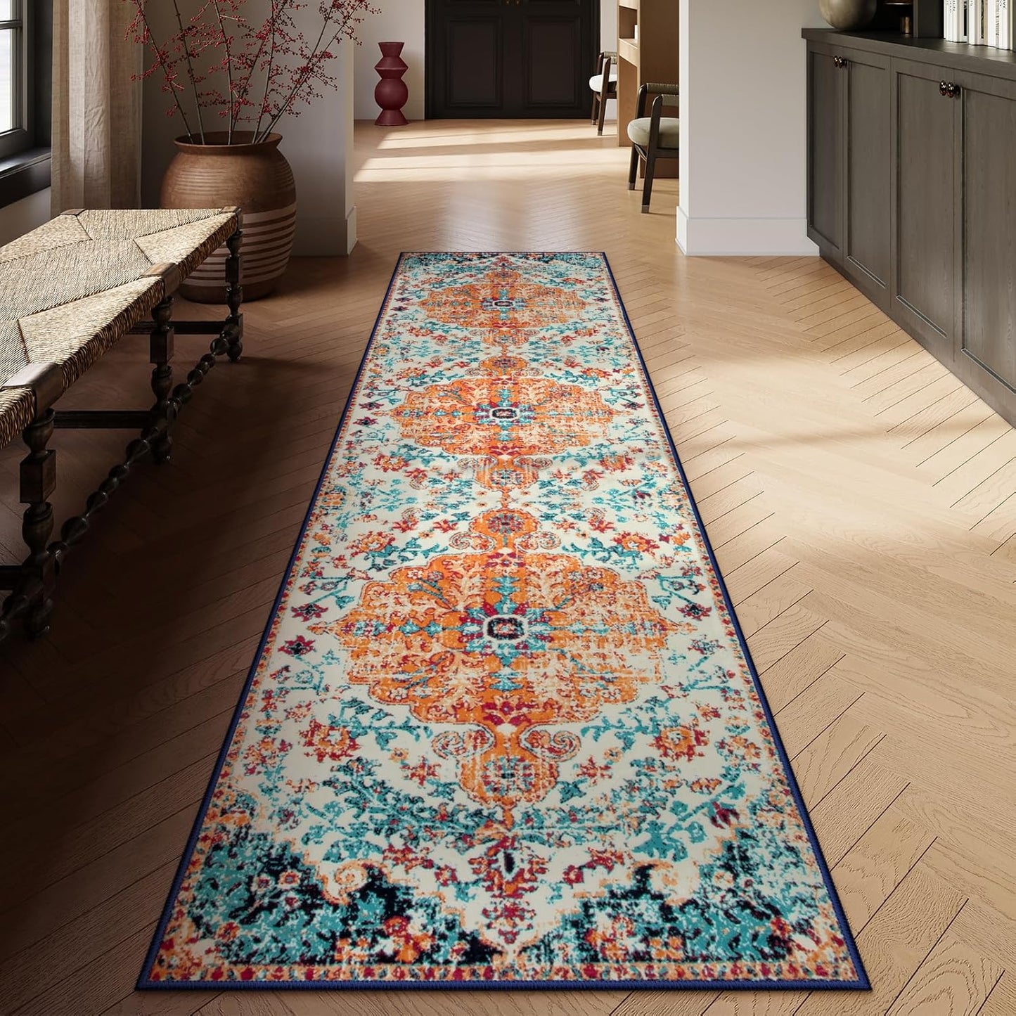 Lahome Bohemian Floral Medallion Round Rug - 4Ft Soft Bedroom Area Rug Oriental Distressed Washable Entryway Foyer Throw Mat Non-Slip Door Carpet for Dining Living Room Bedside Nursery, Orange/Multi