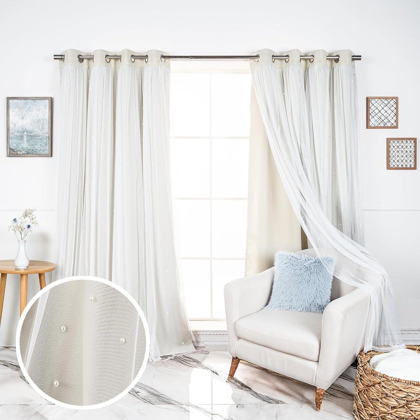 Best Home Fashion Pearl Beaded Lace Overlay Blackout Curtain Set, Double Layer Silver Grommet Thermal Insulated Window Panels for Bedroom, Living Room, Dining Room- 52" W x 84" L, Dustypink
