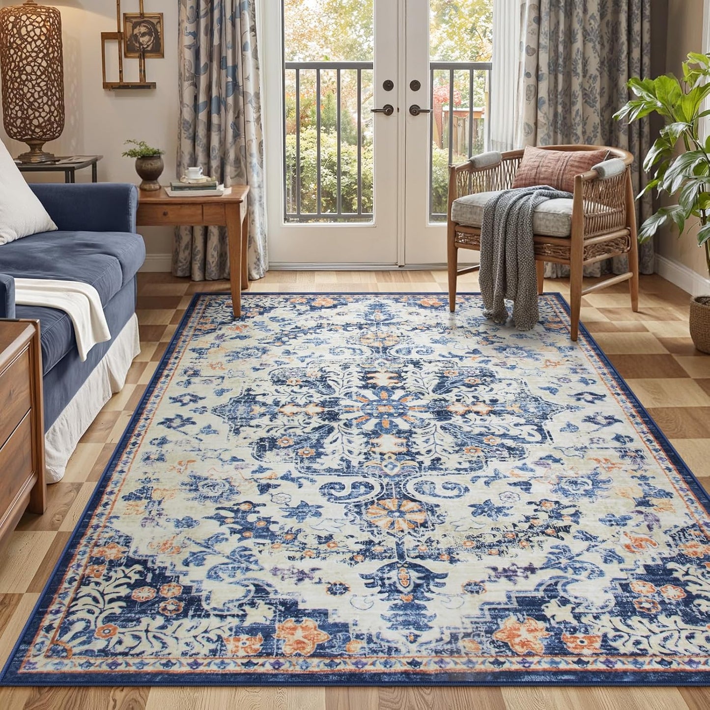 Lahome Bohemian Floral Medallion Round Rug - 4Ft Soft Bedroom Area Rug Oriental Distressed Washable Entryway Foyer Throw Mat Non-Slip Door Carpet for Dining Living Room Bedside Nursery, Orange/Multi