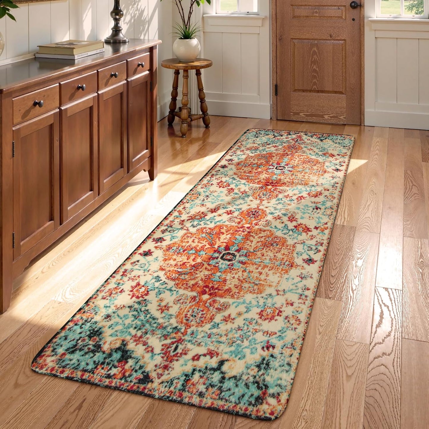 Lahome Bohemian Floral Medallion Round Rug - 4Ft Soft Bedroom Area Rug Oriental Distressed Washable Entryway Foyer Throw Mat Non-Slip Door Carpet for Dining Living Room Bedside Nursery, Orange/Multi