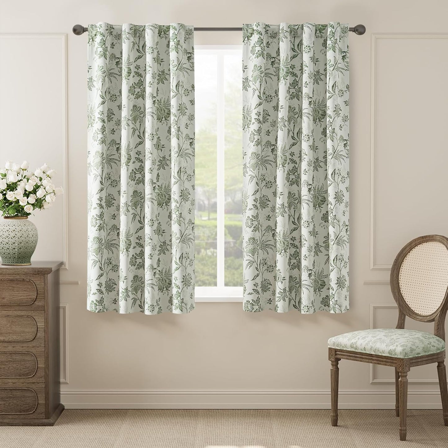 jinchan Blackout Floral Curtains for Bedroom, 96 Inches Long Printed Flower Black Out Curtains, French Country Back Tab Sage Green Window Treatment Farmhouse Drapes Set 2 Panels Green