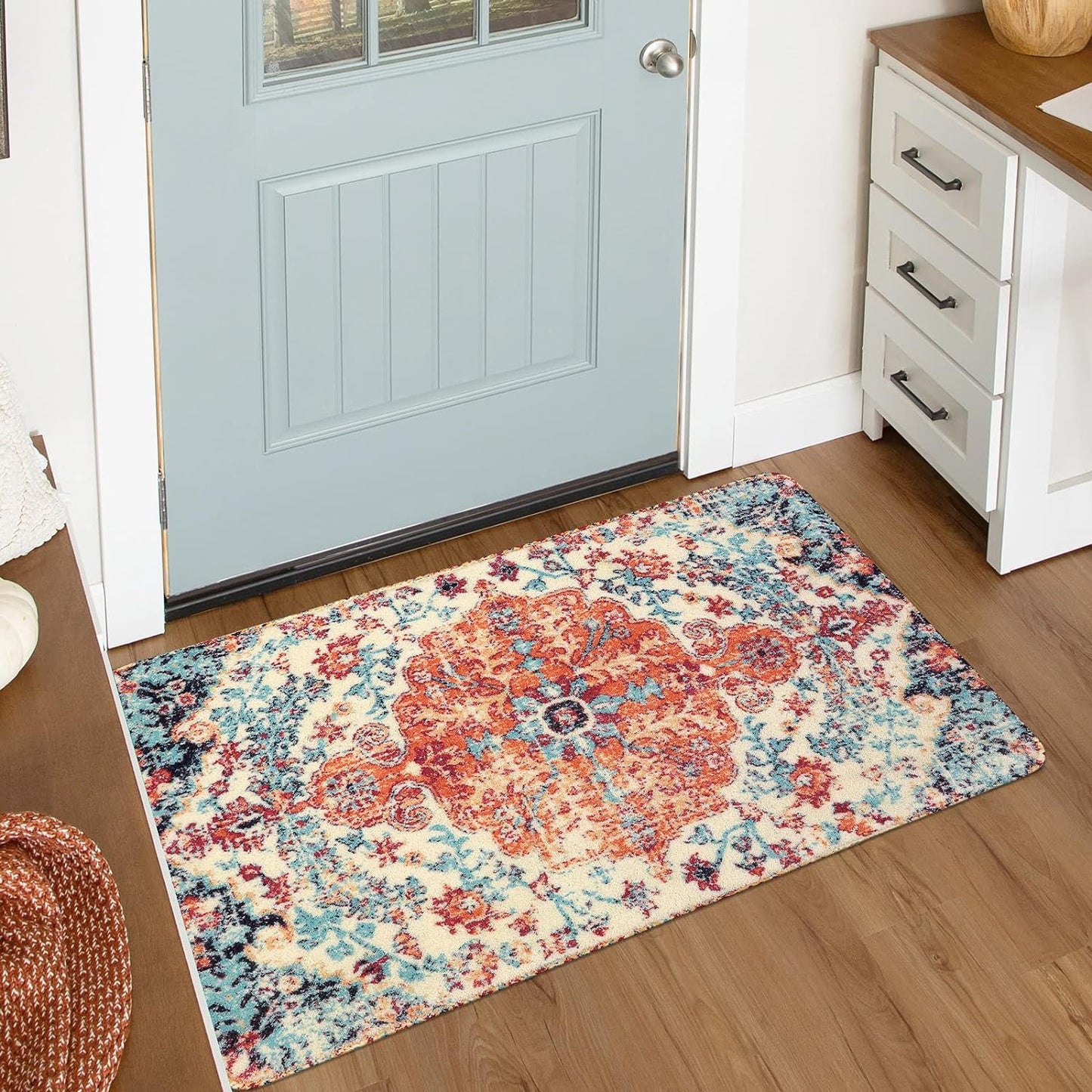 Lahome Bohemian Floral Medallion Round Rug - 4Ft Soft Bedroom Area Rug Oriental Distressed Washable Entryway Foyer Throw Mat Non-Slip Door Carpet for Dining Living Room Bedside Nursery, Orange/Multi