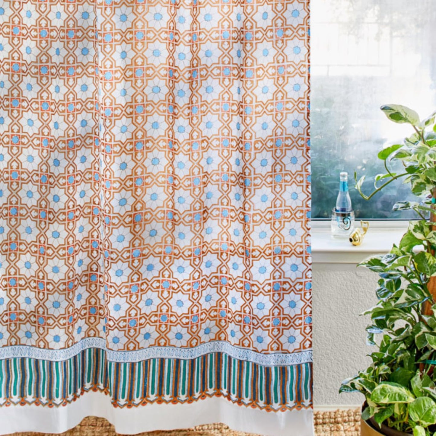 White Sheer Curtain Panel with Tieback, Ivy Lace Leaf Design Tab Top for Light Filtering & Privacy 100% Cotton Voile Hand Block Printed 44 x 84 Inches