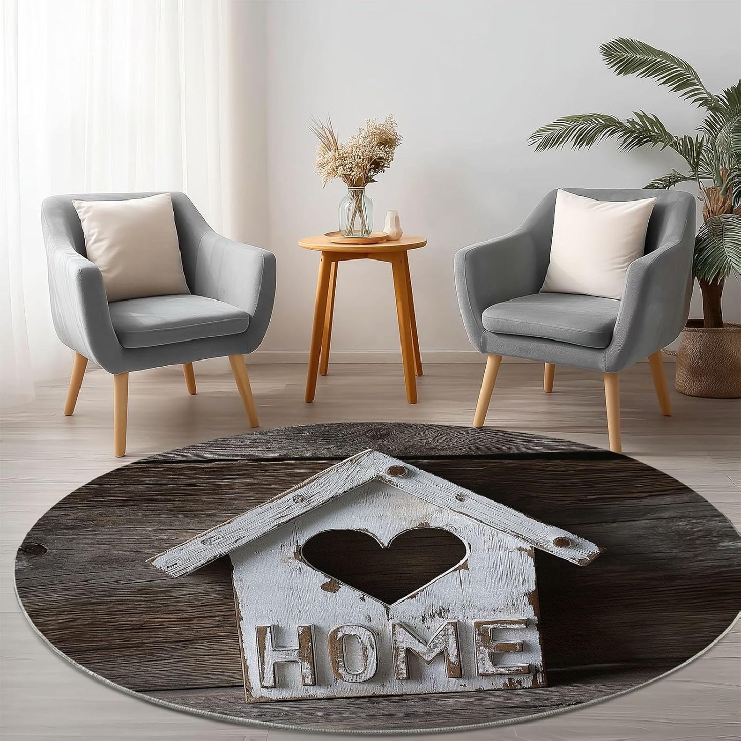 Round Area Rug 7 ft Country Style White Wood House Non-Slip Washable Round Rug, Tan Accent Carpet for Dining Room, Living Room, Bedroom, Entryway and Kitchen