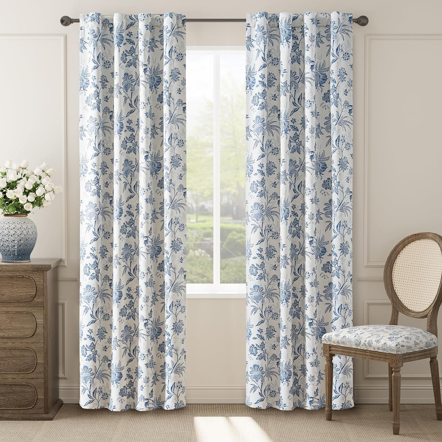 jinchan Blackout Floral Curtains for Bedroom, 96 Inches Long Printed Flower Black Out Curtains, French Country Back Tab Sage Green Window Treatment Farmhouse Drapes Set 2 Panels Green