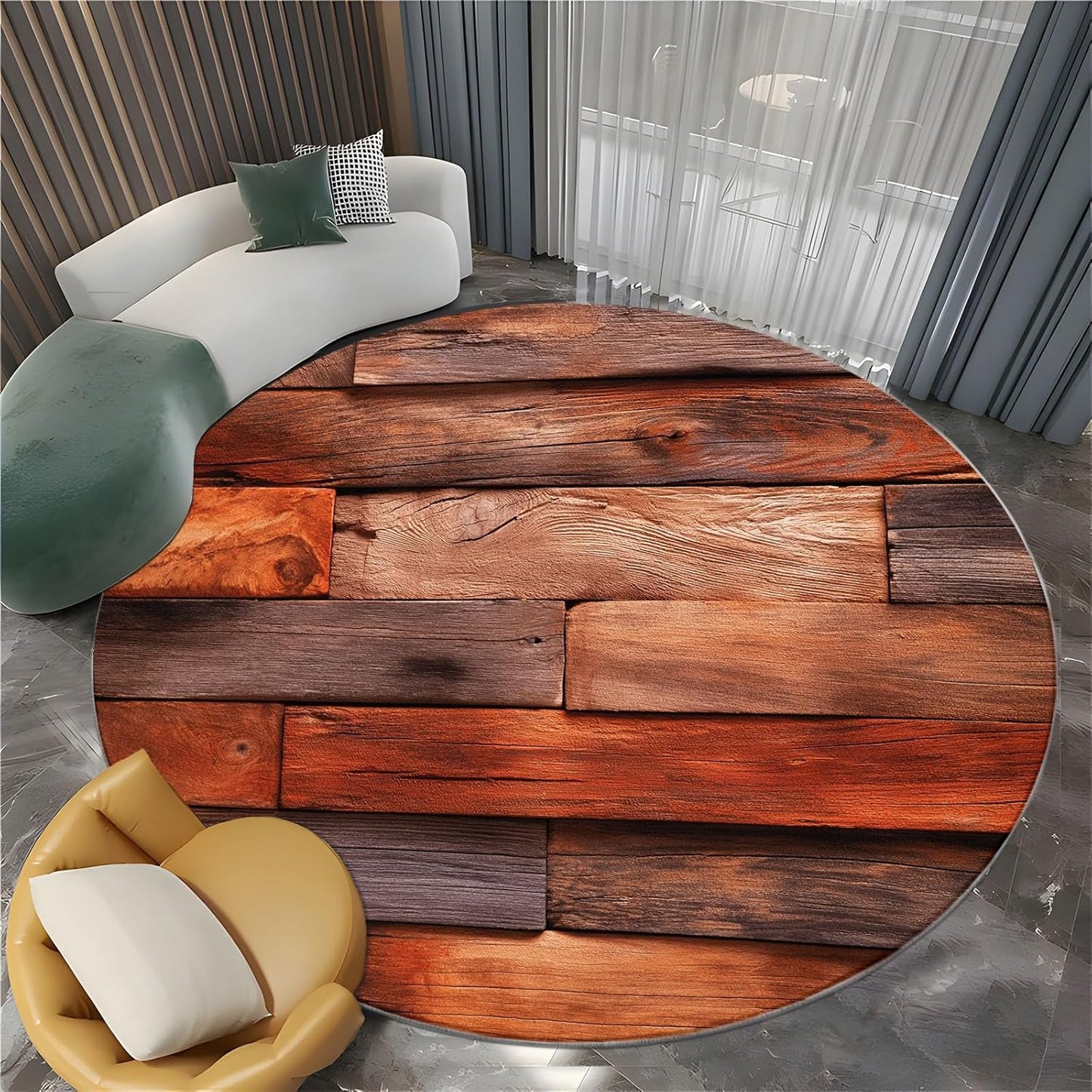 Round Area Rug 7 ft Country Style White Wood House Non-Slip Washable Round Rug, Tan Accent Carpet for Dining Room, Living Room, Bedroom, Entryway and Kitchen