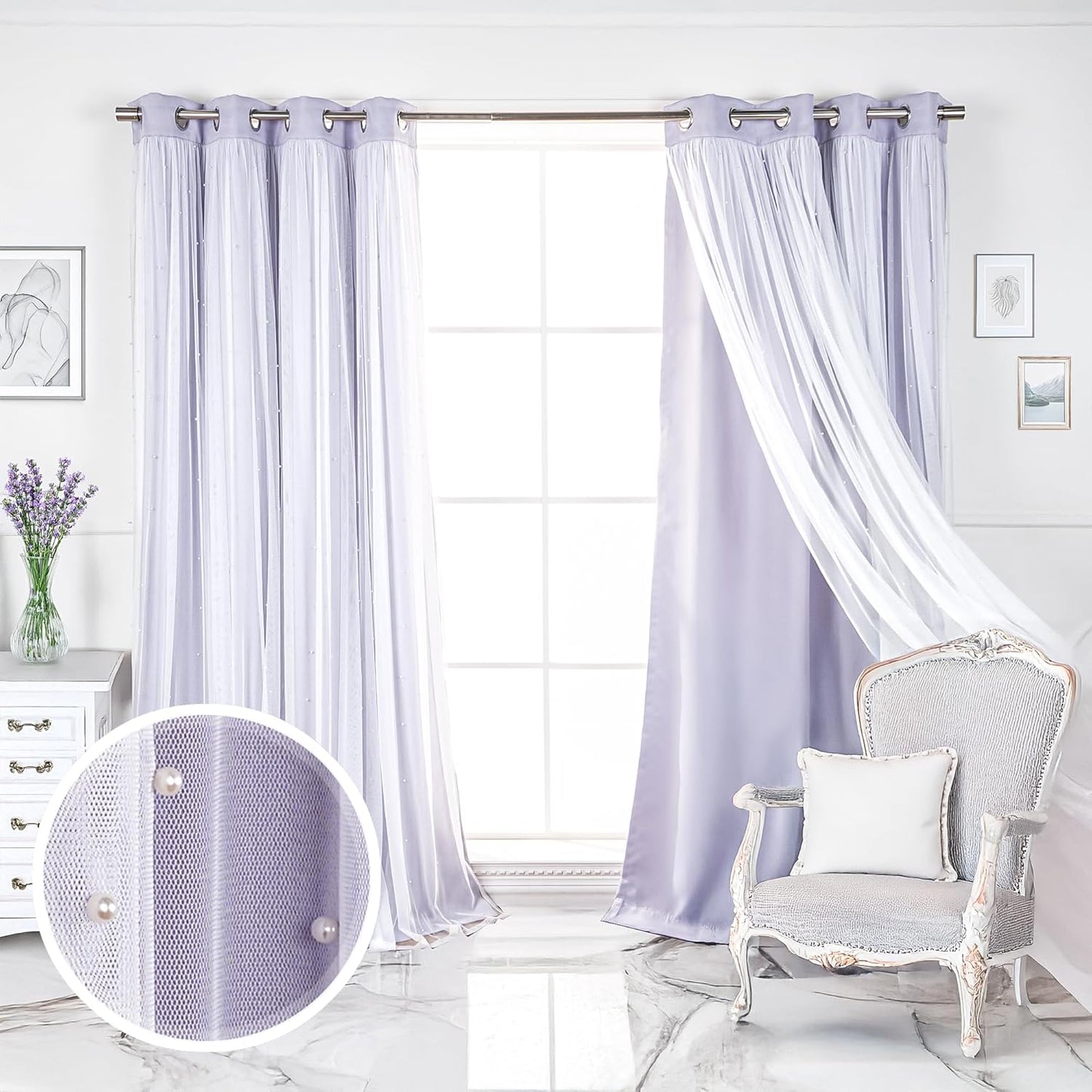Best Home Fashion Pearl Beaded Lace Overlay Blackout Curtain Set, Double Layer Silver Grommet Thermal Insulated Window Panels for Bedroom, Living Room, Dining Room- 52" W x 84" L, Dustypink