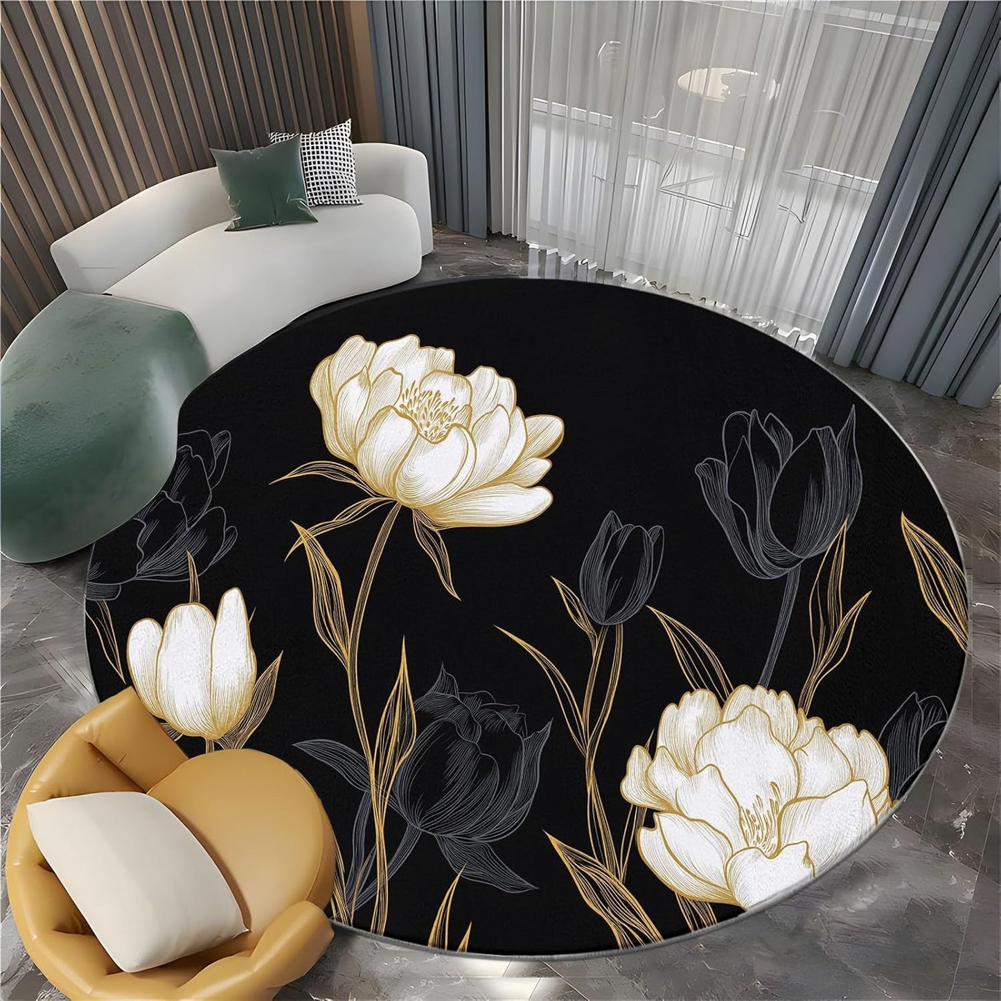 Round Area Rug 7 ft Country Style White Wood House Non-Slip Washable Round Rug, Tan Accent Carpet for Dining Room, Living Room, Bedroom, Entryway and Kitchen