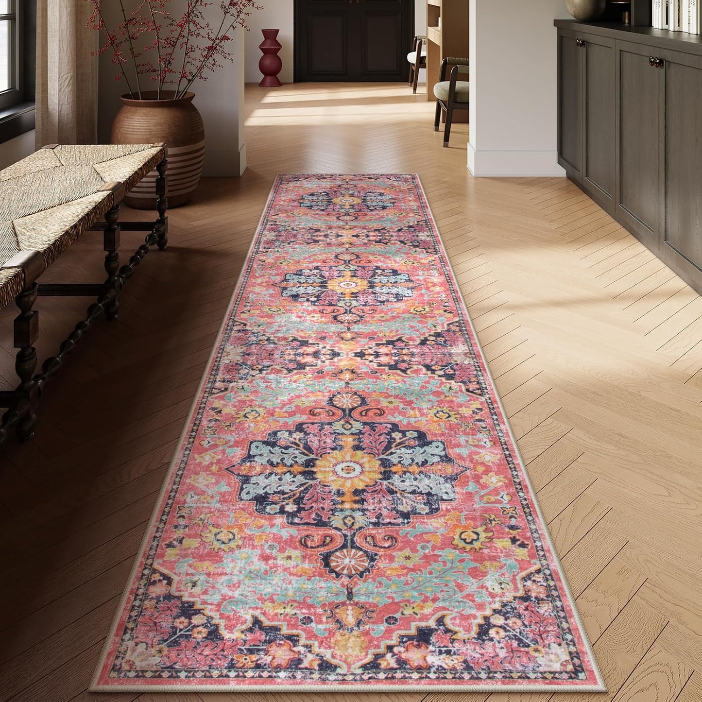 Lahome Bohemian Floral Medallion Round Rug - 4Ft Soft Bedroom Area Rug Oriental Distressed Washable Entryway Foyer Throw Mat Non-Slip Door Carpet for Dining Living Room Bedside Nursery, Orange/Multi