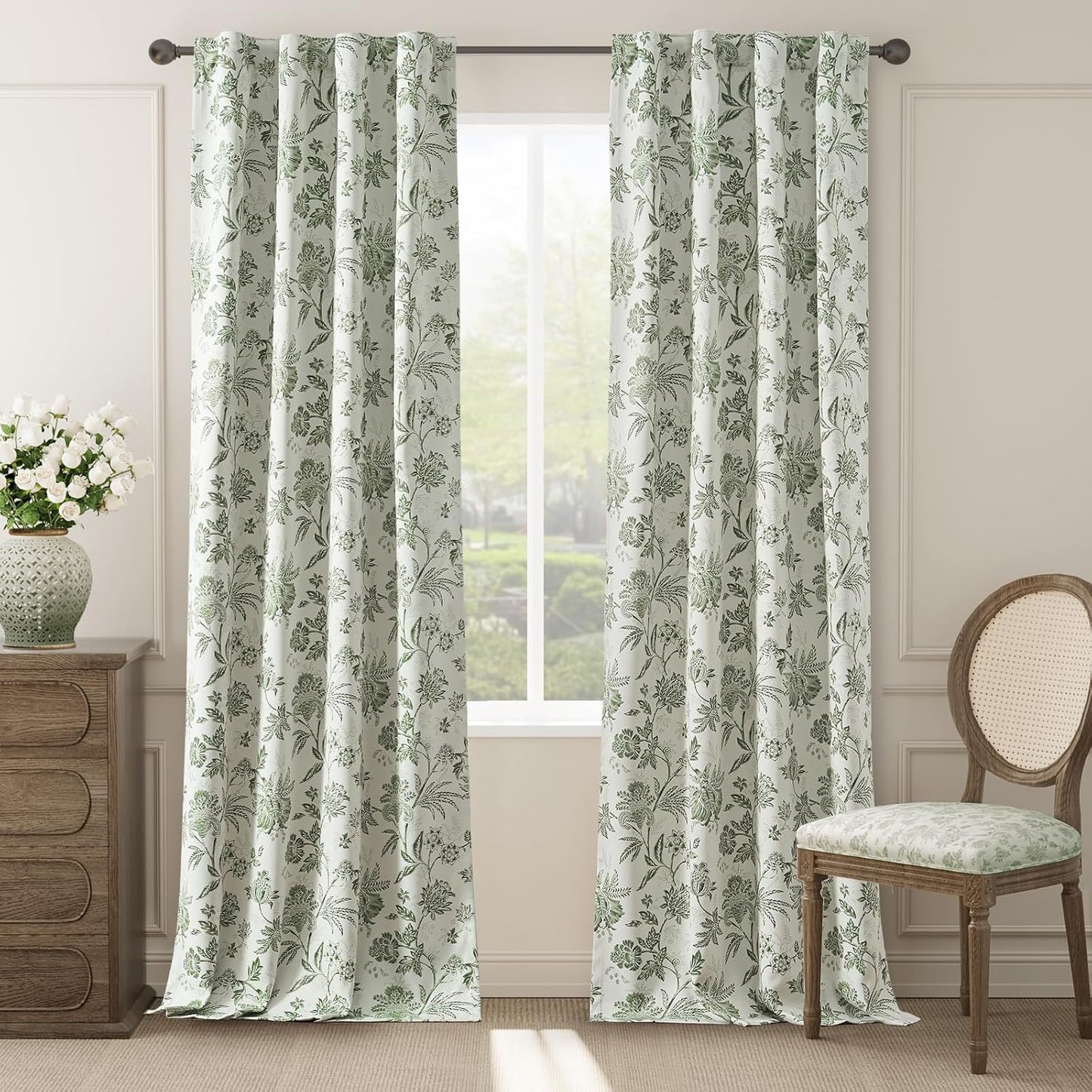 jinchan Blackout Floral Curtains for Bedroom, 96 Inches Long Printed Flower Black Out Curtains, French Country Back Tab Sage Green Window Treatment Farmhouse Drapes Set 2 Panels Green