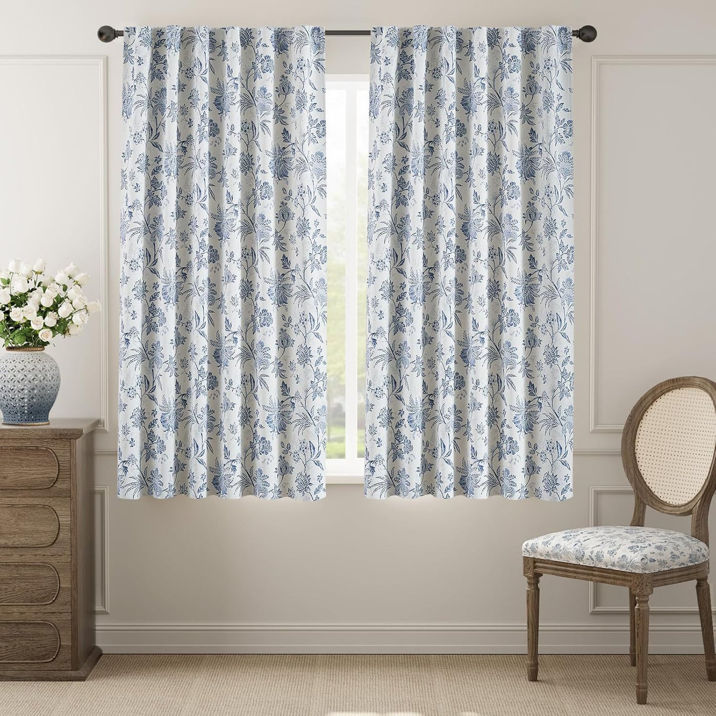 jinchan Blackout Floral Curtains for Bedroom, 96 Inches Long Printed Flower Black Out Curtains, French Country Back Tab Sage Green Window Treatment Farmhouse Drapes Set 2 Panels Green
