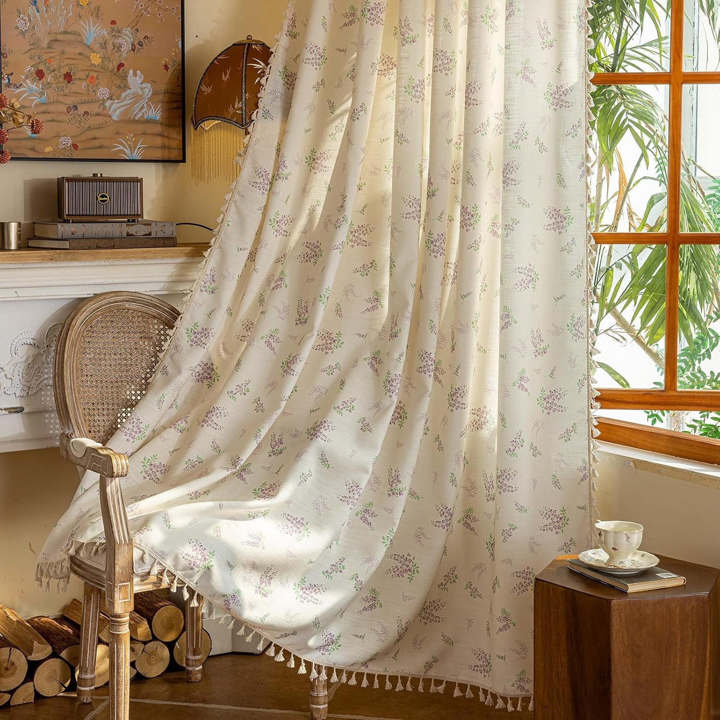 BHUSB Farmhouse Curtains for Living Room 84 Inch Length,Boho Floral Cotton Linen Window Curtains Semi-Blackout Drapes for Bedroom,Bohemian Decoration Drapes,2 Panels