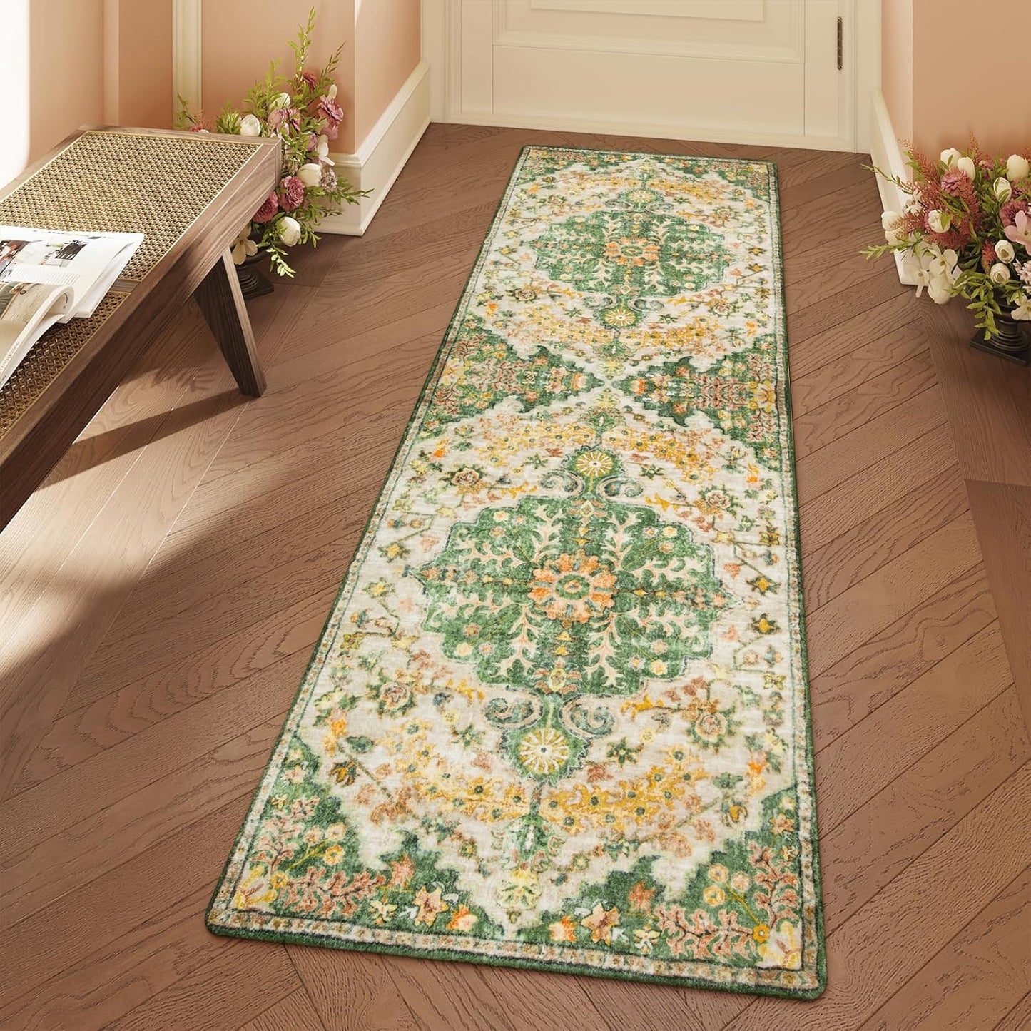 Lahome Bohemian Floral Medallion Round Rug - 4Ft Soft Bedroom Area Rug Oriental Distressed Washable Entryway Foyer Throw Mat Non-Slip Door Carpet for Dining Living Room Bedside Nursery, Orange/Multi