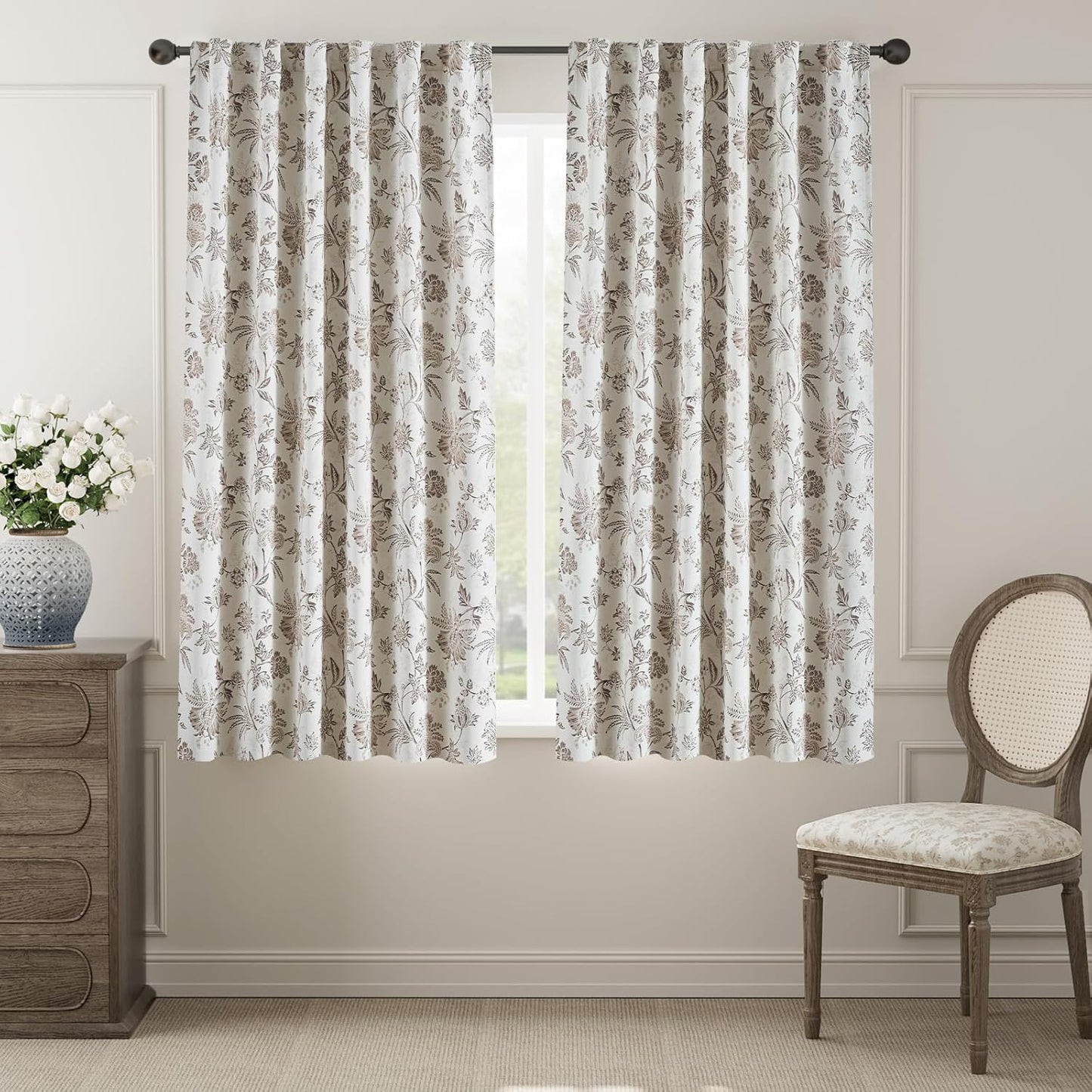 jinchan Blackout Floral Curtains for Bedroom, 96 Inches Long Printed Flower Black Out Curtains, French Country Back Tab Sage Green Window Treatment Farmhouse Drapes Set 2 Panels Green