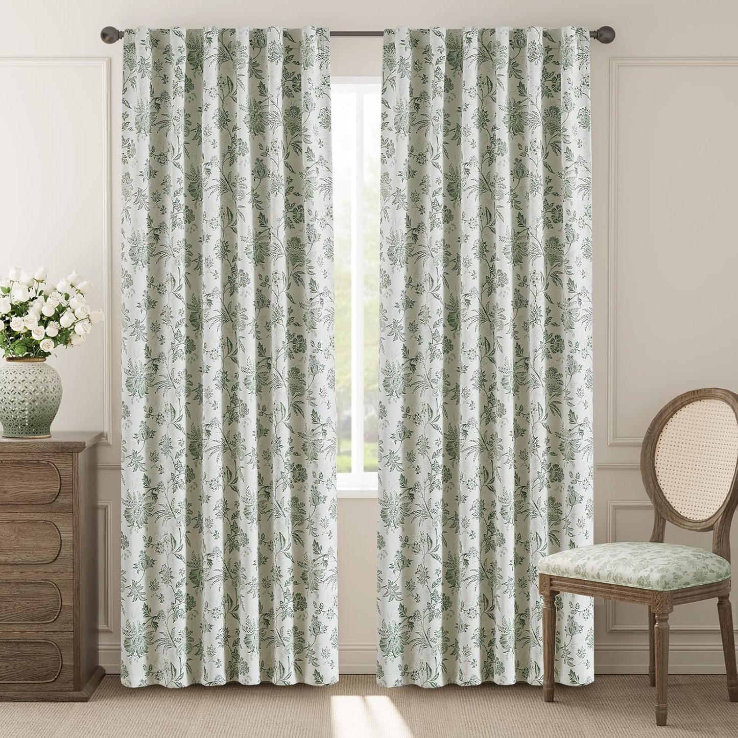jinchan Blackout Floral Curtains for Bedroom, 96 Inches Long Printed Flower Black Out Curtains, French Country Back Tab Sage Green Window Treatment Farmhouse Drapes Set 2 Panels Green
