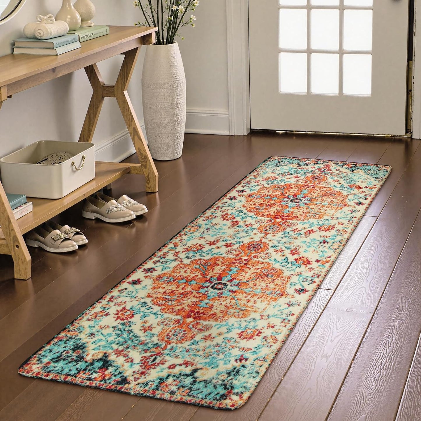Lahome Bohemian Floral Medallion Round Rug - 4Ft Soft Bedroom Area Rug Oriental Distressed Washable Entryway Foyer Throw Mat Non-Slip Door Carpet for Dining Living Room Bedside Nursery, Orange/Multi