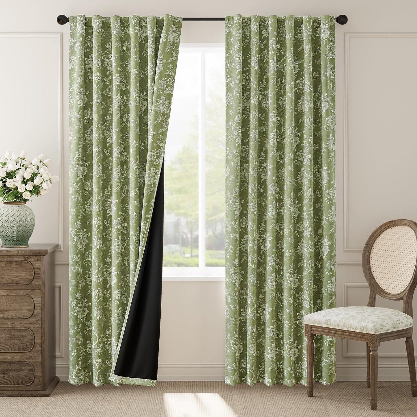 jinchan Blackout Floral Curtains for Bedroom, 96 Inches Long Printed Flower Black Out Curtains, French Country Back Tab Sage Green Window Treatment Farmhouse Drapes Set 2 Panels Green