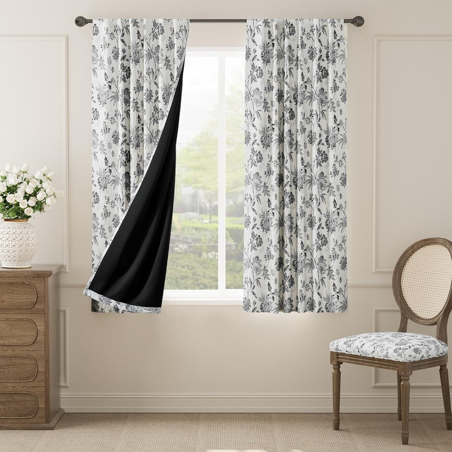 jinchan Blackout Floral Curtains for Bedroom, 96 Inches Long Printed Flower Black Out Curtains, French Country Back Tab Sage Green Window Treatment Farmhouse Drapes Set 2 Panels Green