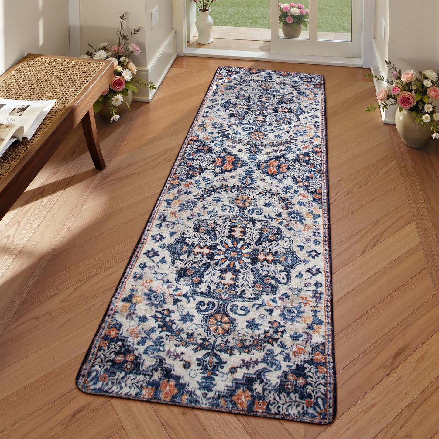 Lahome Bohemian Floral Medallion Round Rug - 4Ft Soft Bedroom Area Rug Oriental Distressed Washable Entryway Foyer Throw Mat Non-Slip Door Carpet for Dining Living Room Bedside Nursery, Orange/Multi