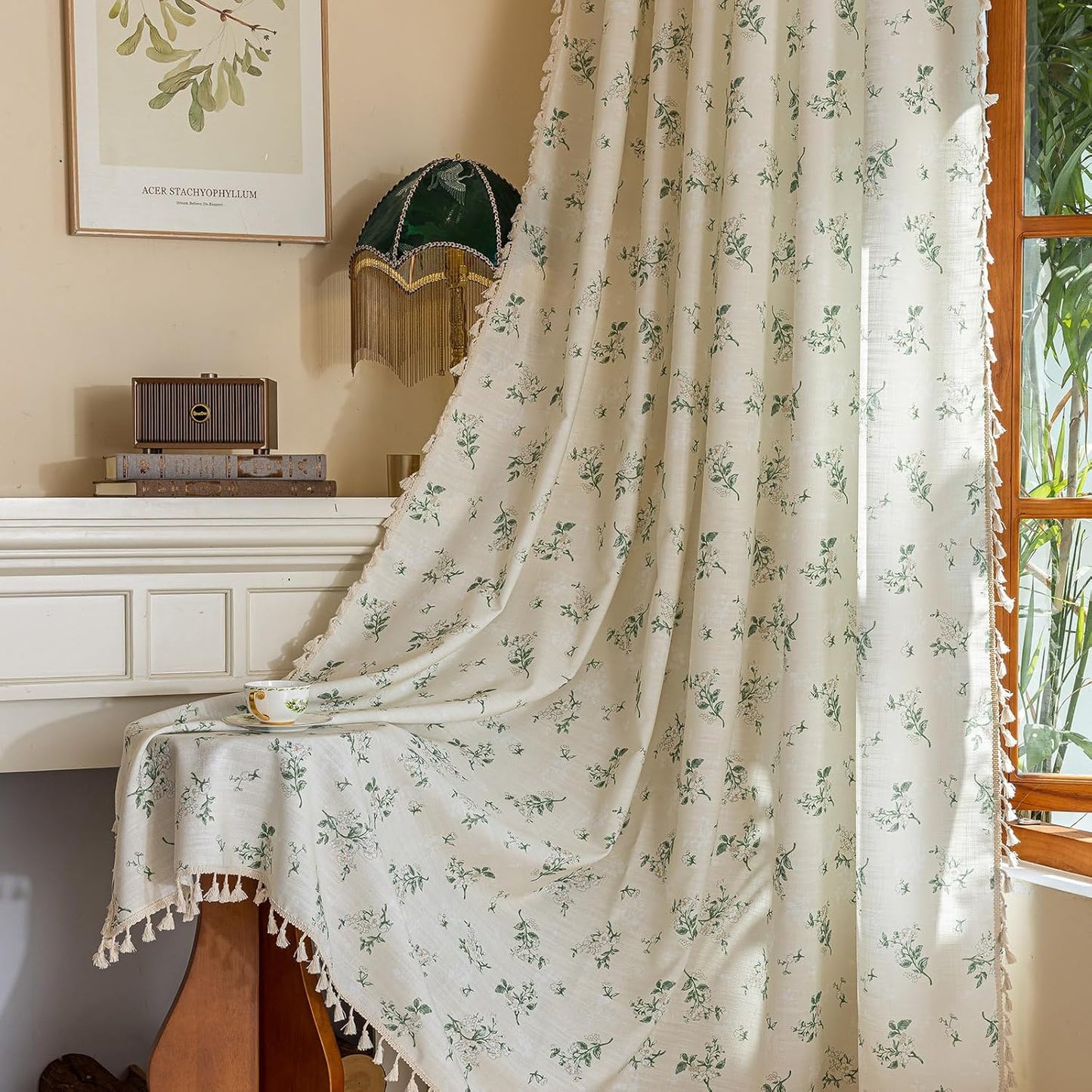 BHUSB Farmhouse Curtains for Living Room 84 Inch Length,Boho Floral Cotton Linen Window Curtains Semi-Blackout Drapes for Bedroom,Bohemian Decoration Drapes,2 Panels