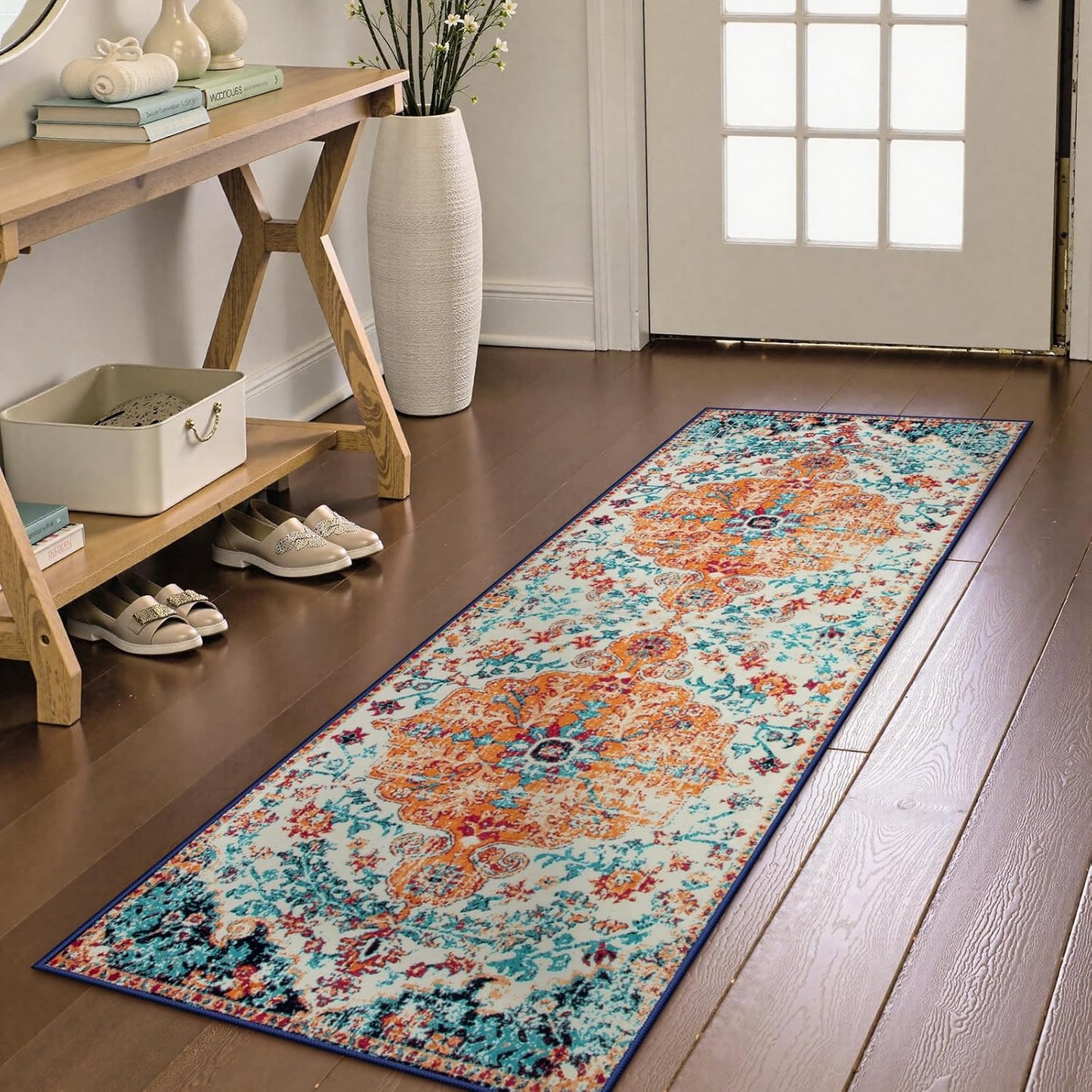 Lahome Bohemian Floral Medallion Round Rug - 4Ft Soft Bedroom Area Rug Oriental Distressed Washable Entryway Foyer Throw Mat Non-Slip Door Carpet for Dining Living Room Bedside Nursery, Orange/Multi