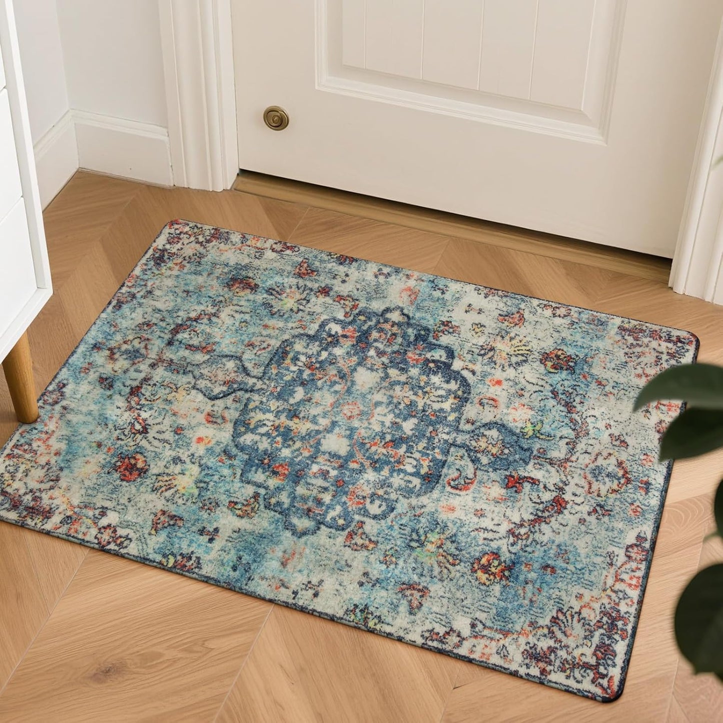 Lahome Bohemian Floral Medallion Round Rug - 4Ft Soft Bedroom Area Rug Oriental Distressed Washable Entryway Foyer Throw Mat Non-Slip Door Carpet for Dining Living Room Bedside Nursery, Orange/Multi