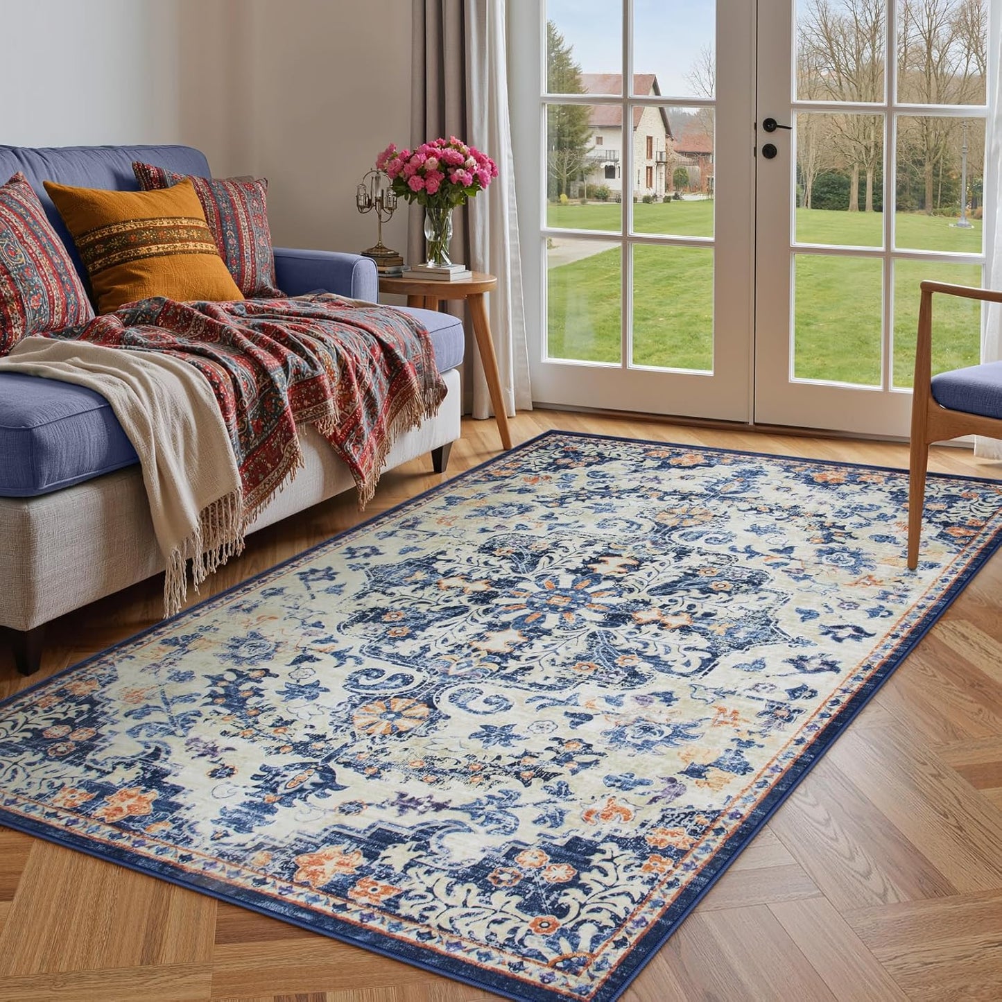 Lahome Bohemian Floral Medallion Round Rug - 4Ft Soft Bedroom Area Rug Oriental Distressed Washable Entryway Foyer Throw Mat Non-Slip Door Carpet for Dining Living Room Bedside Nursery, Orange/Multi