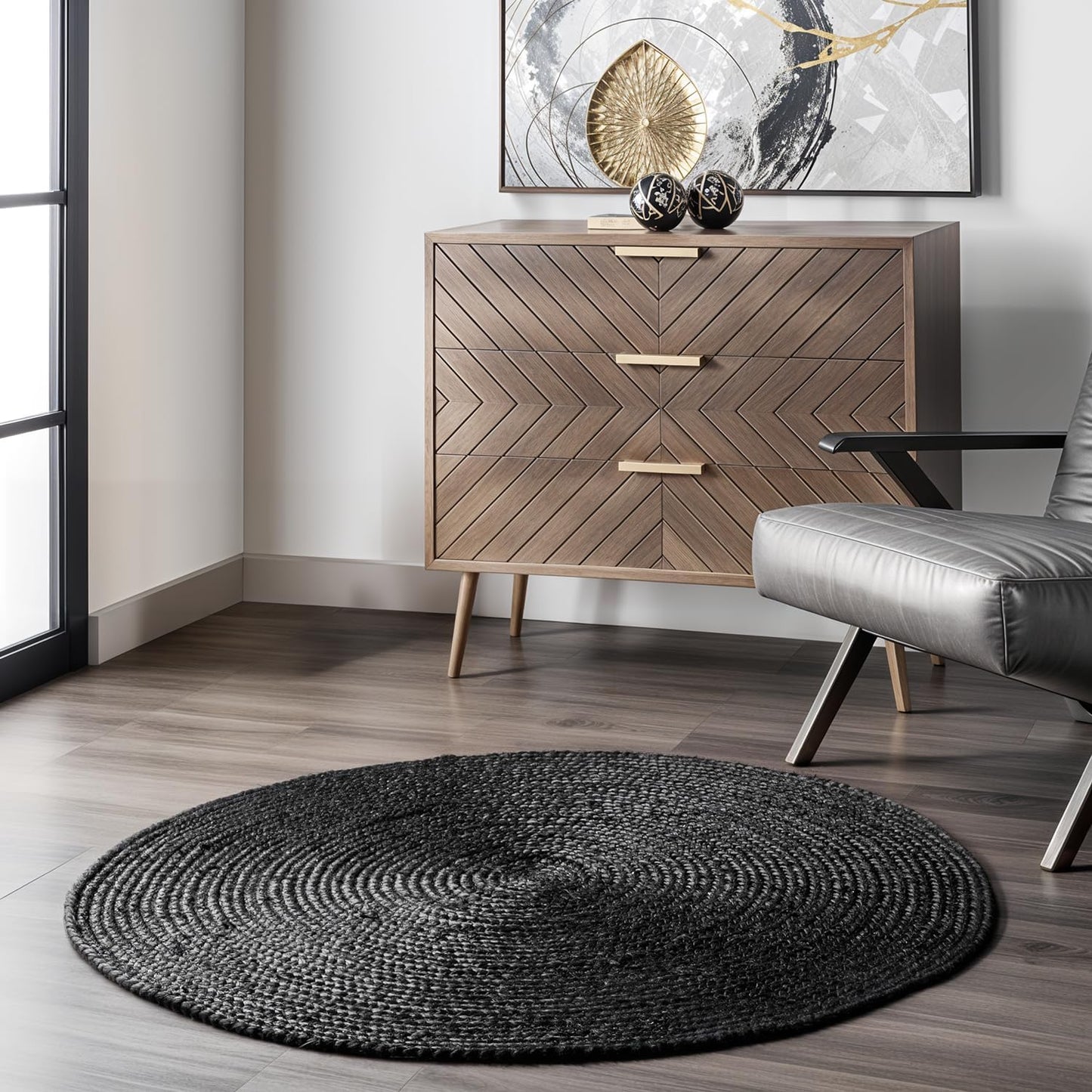 GRUHUM Round Jute Area Rug 9ft Natural Fiber Multicolour Handmade Boho Charm Farmhouse Soft Braided Rustic Vintage Rug for Indoor Kitchen Bedroom Living Room Hallways Enterways(9' feet Round)