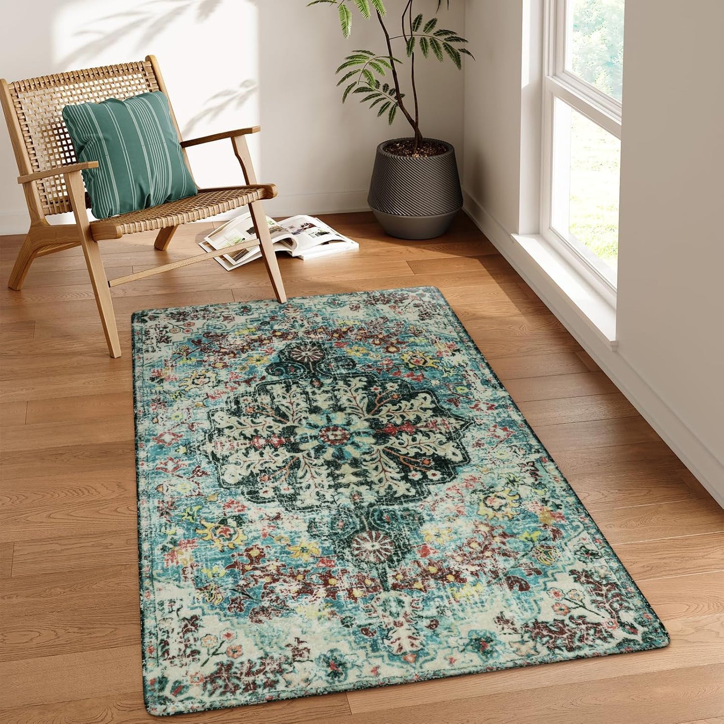 Lahome Bohemian Floral Medallion Round Rug - 4Ft Soft Bedroom Area Rug Oriental Distressed Washable Entryway Foyer Throw Mat Non-Slip Door Carpet for Dining Living Room Bedside Nursery, Orange/Multi