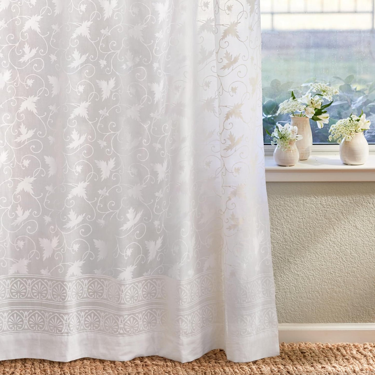 White Sheer Curtain Panel with Tieback, Ivy Lace Leaf Design Tab Top for Light Filtering & Privacy 100% Cotton Voile Hand Block Printed 44 x 84 Inches
