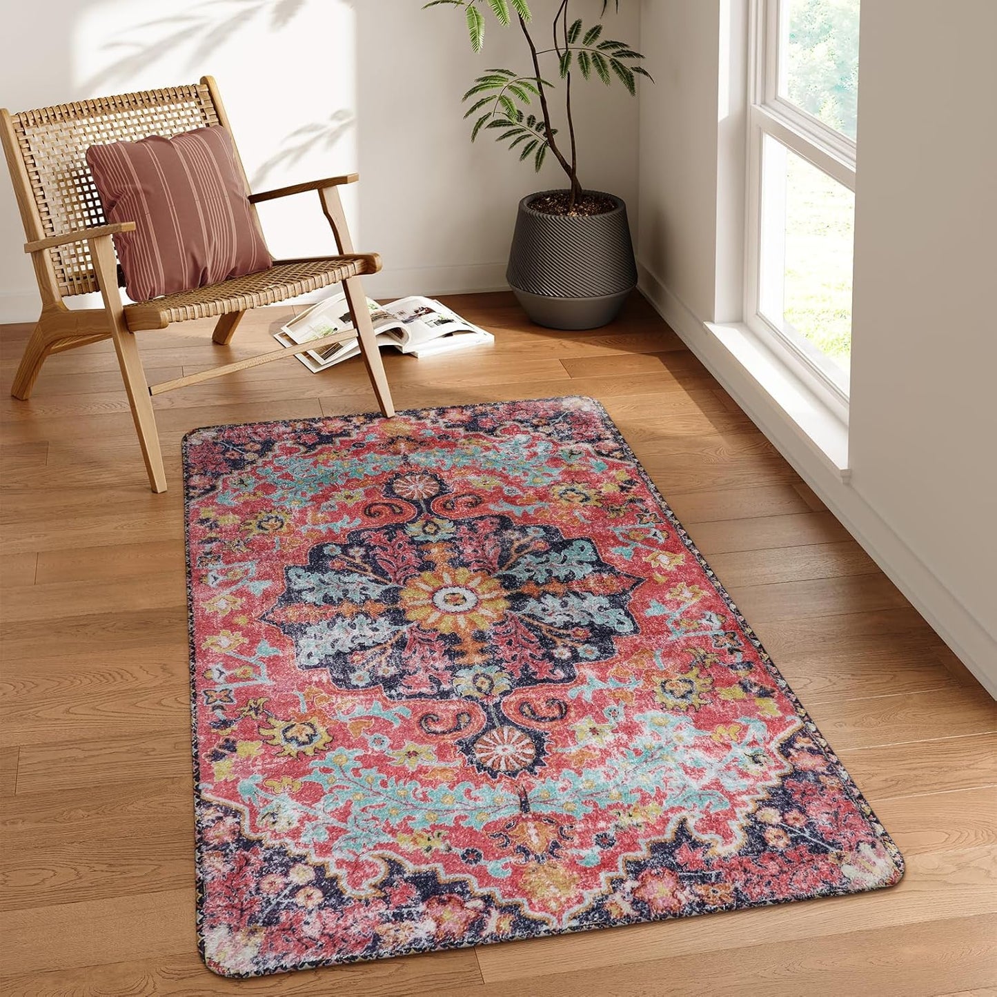 Lahome Bohemian Floral Medallion Round Rug - 4Ft Soft Bedroom Area Rug Oriental Distressed Washable Entryway Foyer Throw Mat Non-Slip Door Carpet for Dining Living Room Bedside Nursery, Orange/Multi