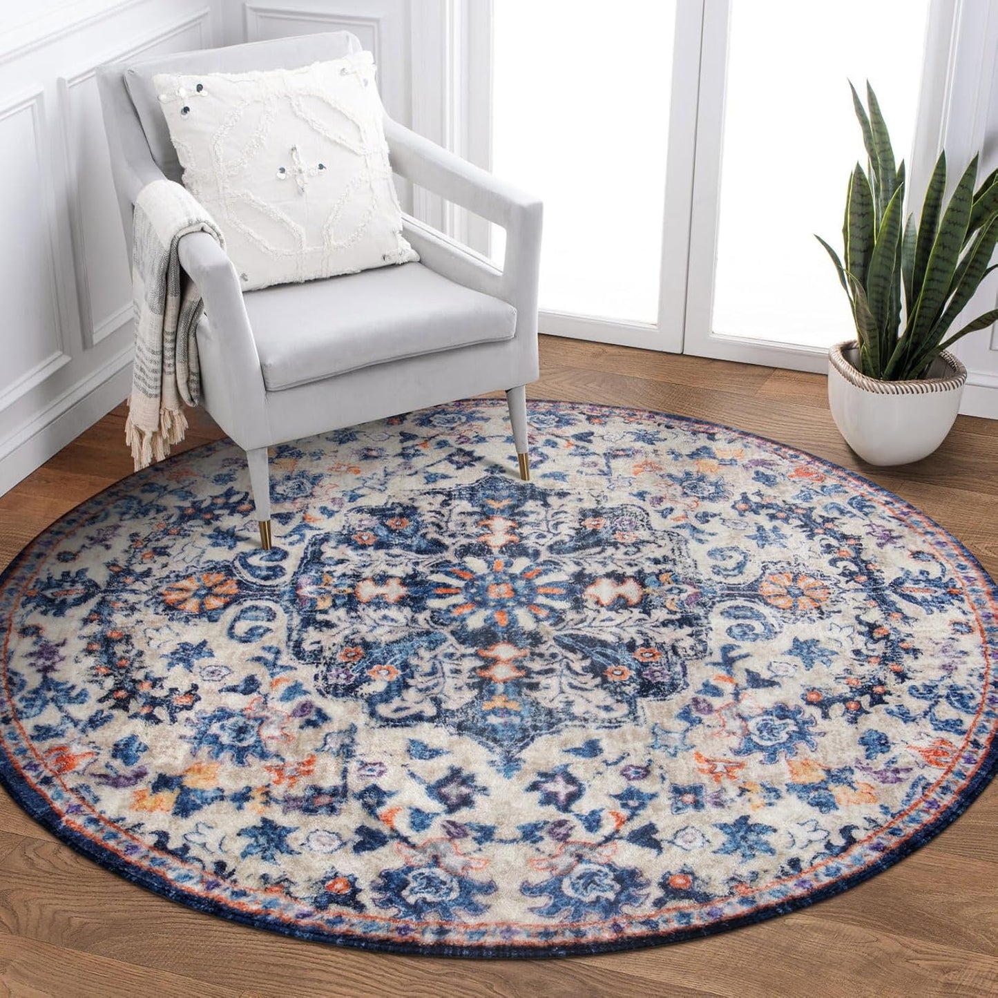 Lahome Bohemian Floral Medallion Round Rug - 4Ft Soft Bedroom Area Rug Oriental Distressed Washable Entryway Foyer Throw Mat Non-Slip Door Carpet for Dining Living Room Bedside Nursery, Orange/Multi