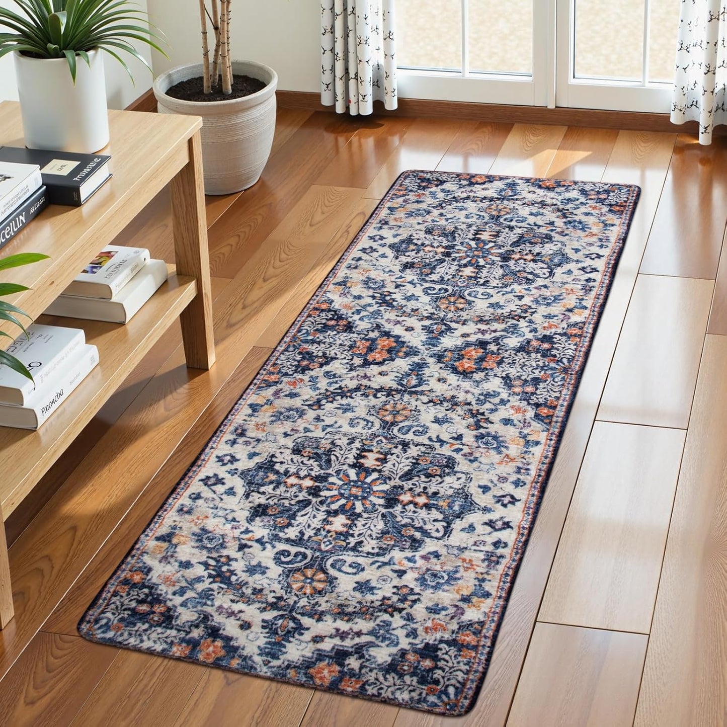 Lahome Bohemian Floral Medallion Round Rug - 4Ft Soft Bedroom Area Rug Oriental Distressed Washable Entryway Foyer Throw Mat Non-Slip Door Carpet for Dining Living Room Bedside Nursery, Orange/Multi
