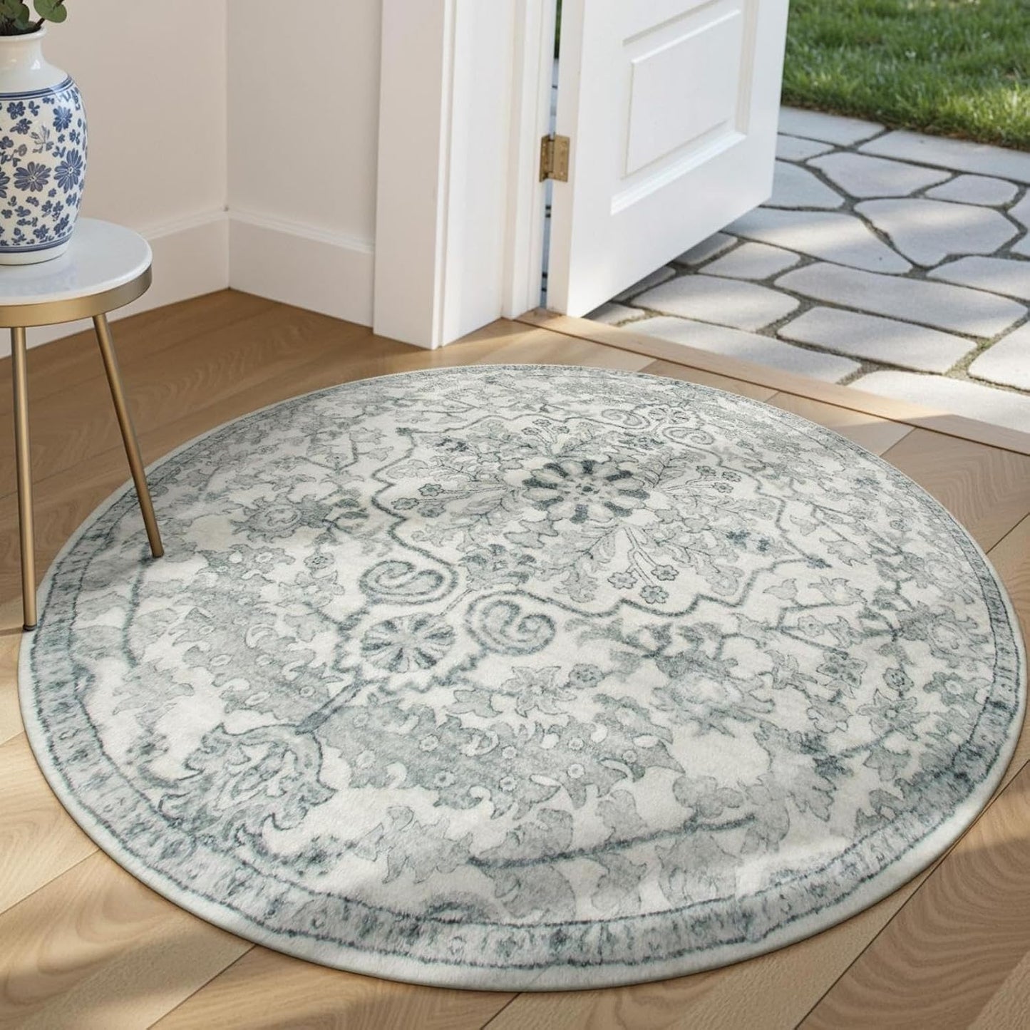 Lahome Bohemian Floral Medallion Round Rug - 4Ft Soft Bedroom Area Rug Oriental Distressed Washable Entryway Foyer Throw Mat Non-Slip Door Carpet for Dining Living Room Bedside Nursery, Orange/Multi