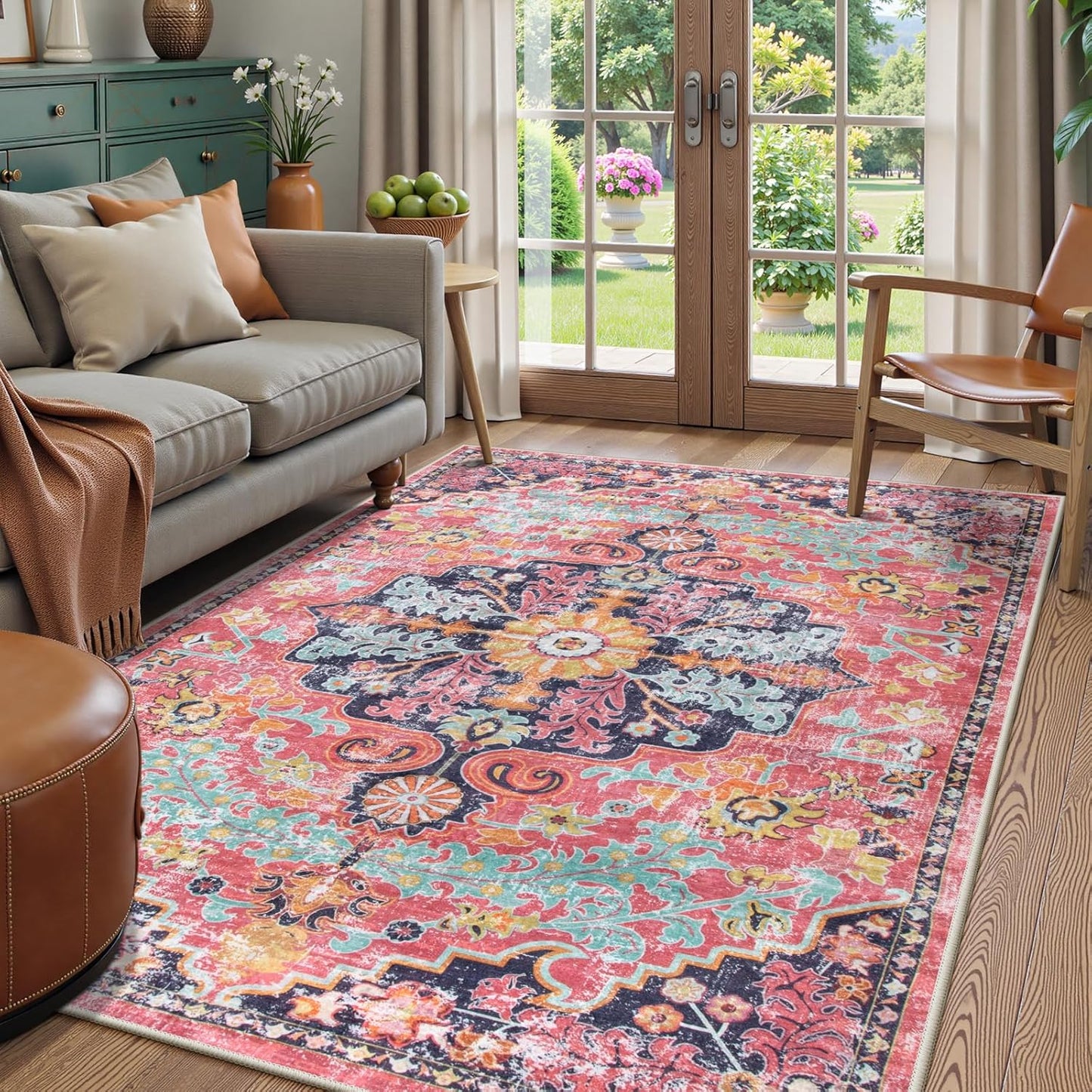 Lahome Bohemian Floral Medallion Round Rug - 4Ft Soft Bedroom Area Rug Oriental Distressed Washable Entryway Foyer Throw Mat Non-Slip Door Carpet for Dining Living Room Bedside Nursery, Orange/Multi