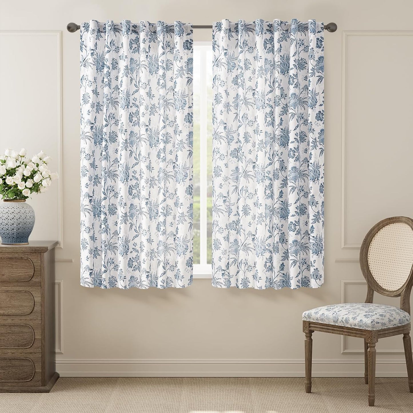 jinchan Blackout Floral Curtains for Bedroom, 96 Inches Long Printed Flower Black Out Curtains, French Country Back Tab Sage Green Window Treatment Farmhouse Drapes Set 2 Panels Green
