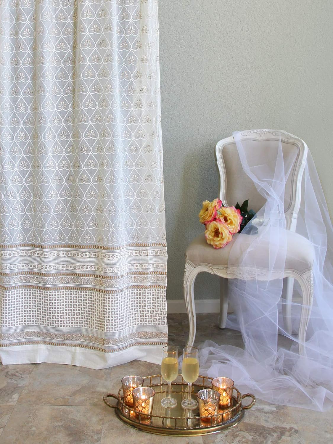 White Sheer Curtain Panel with Tieback, Ivy Lace Leaf Design Tab Top for Light Filtering & Privacy 100% Cotton Voile Hand Block Printed 44 x 84 Inches