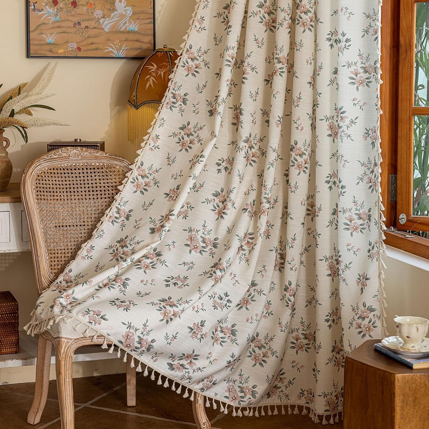 BHUSB Farmhouse Curtains for Living Room 84 Inch Length,Boho Floral Cotton Linen Window Curtains Semi-Blackout Drapes for Bedroom,Bohemian Decoration Drapes,2 Panels