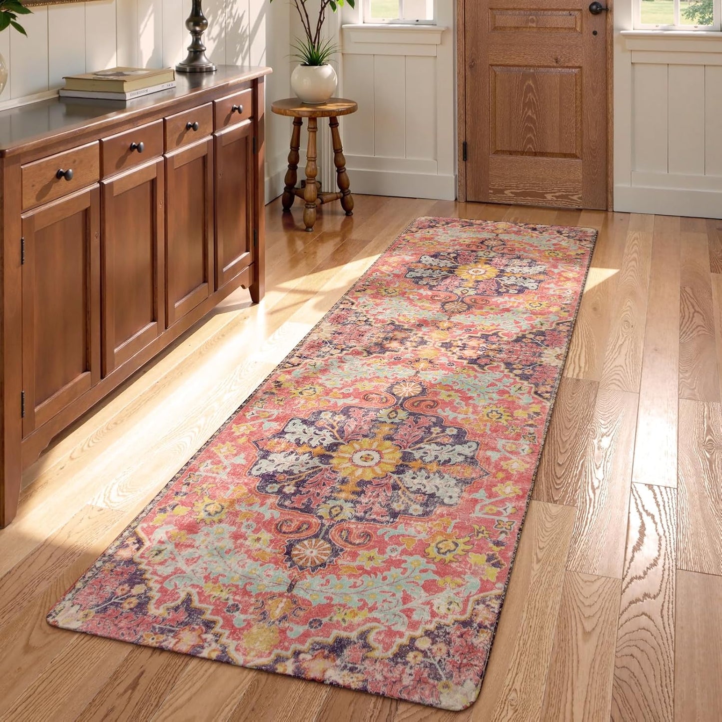 Lahome Bohemian Floral Medallion Round Rug - 4Ft Soft Bedroom Area Rug Oriental Distressed Washable Entryway Foyer Throw Mat Non-Slip Door Carpet for Dining Living Room Bedside Nursery, Orange/Multi