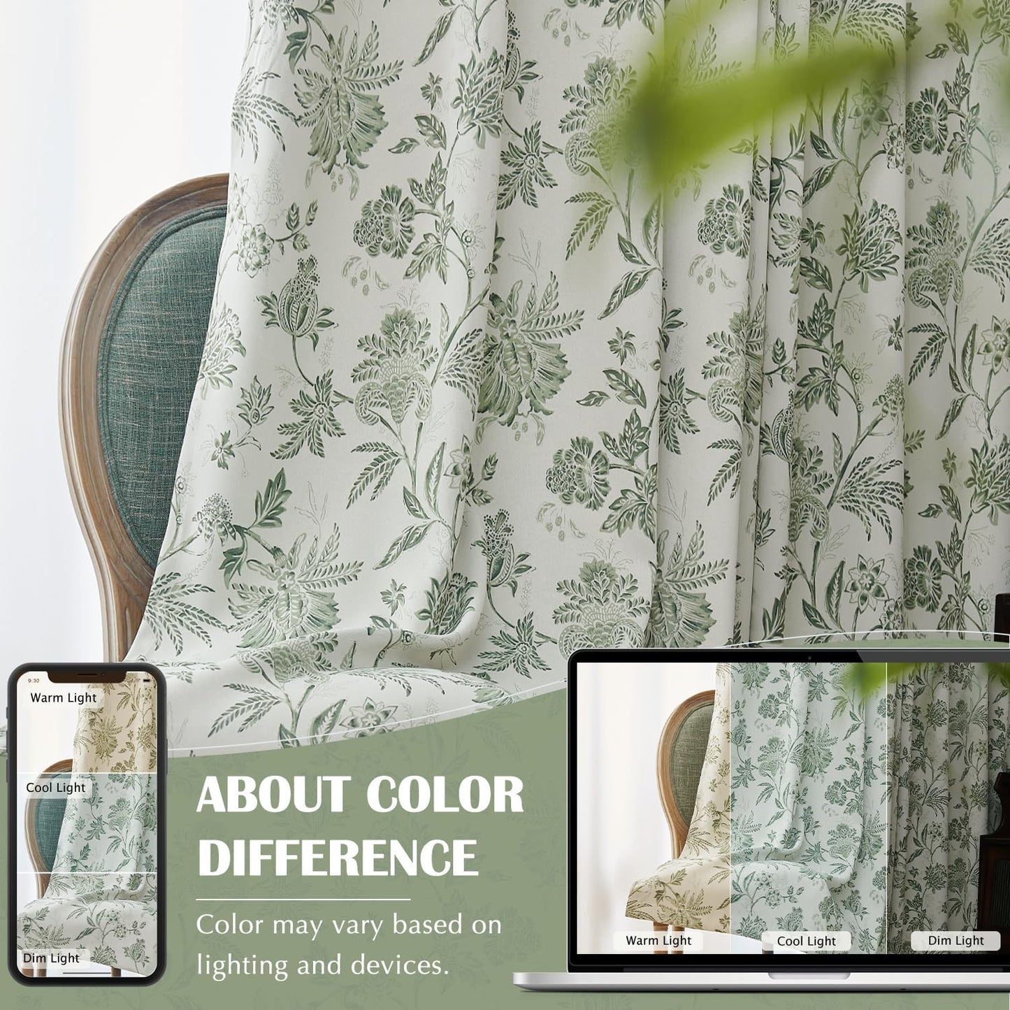 jinchan Blackout Floral Curtains for Bedroom, 96 Inches Long Printed Flower Black Out Curtains, French Country Back Tab Sage Green Window Treatment Farmhouse Drapes Set 2 Panels Green