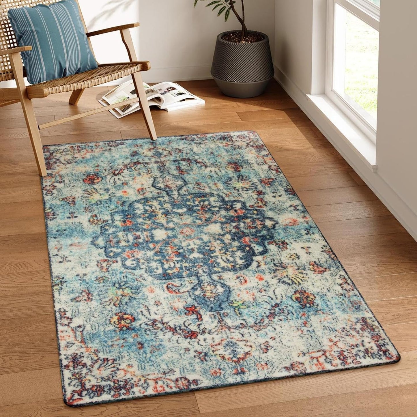 Lahome Bohemian Floral Medallion Round Rug - 4Ft Soft Bedroom Area Rug Oriental Distressed Washable Entryway Foyer Throw Mat Non-Slip Door Carpet for Dining Living Room Bedside Nursery, Orange/Multi