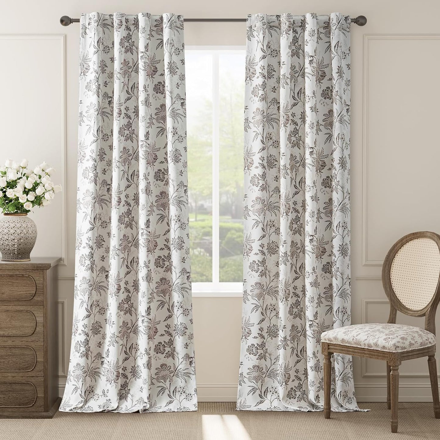 jinchan Blackout Floral Curtains for Bedroom, 96 Inches Long Printed Flower Black Out Curtains, French Country Back Tab Sage Green Window Treatment Farmhouse Drapes Set 2 Panels Green