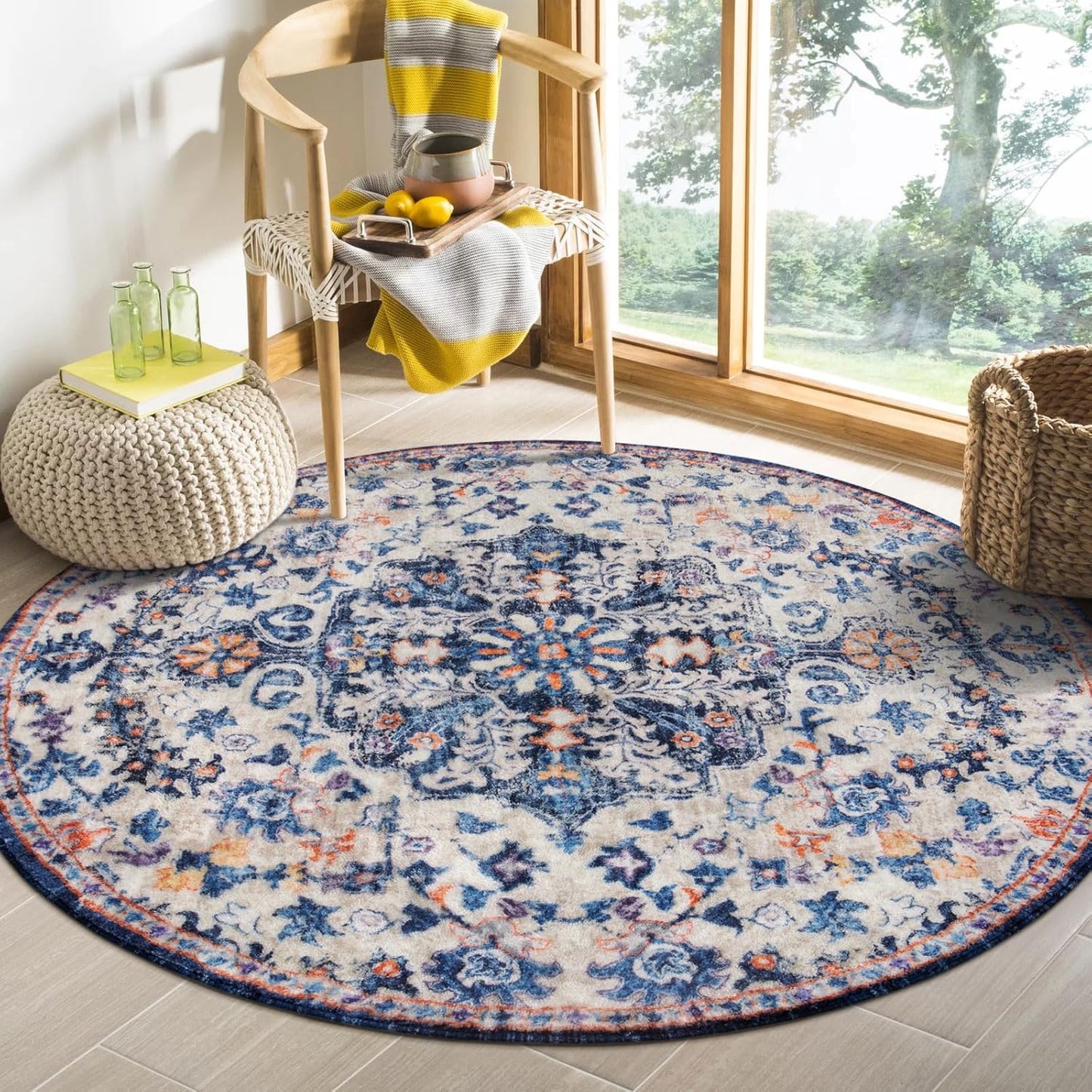 Lahome Bohemian Floral Medallion Round Rug - 4Ft Soft Bedroom Area Rug Oriental Distressed Washable Entryway Foyer Throw Mat Non-Slip Door Carpet for Dining Living Room Bedside Nursery, Orange/Multi