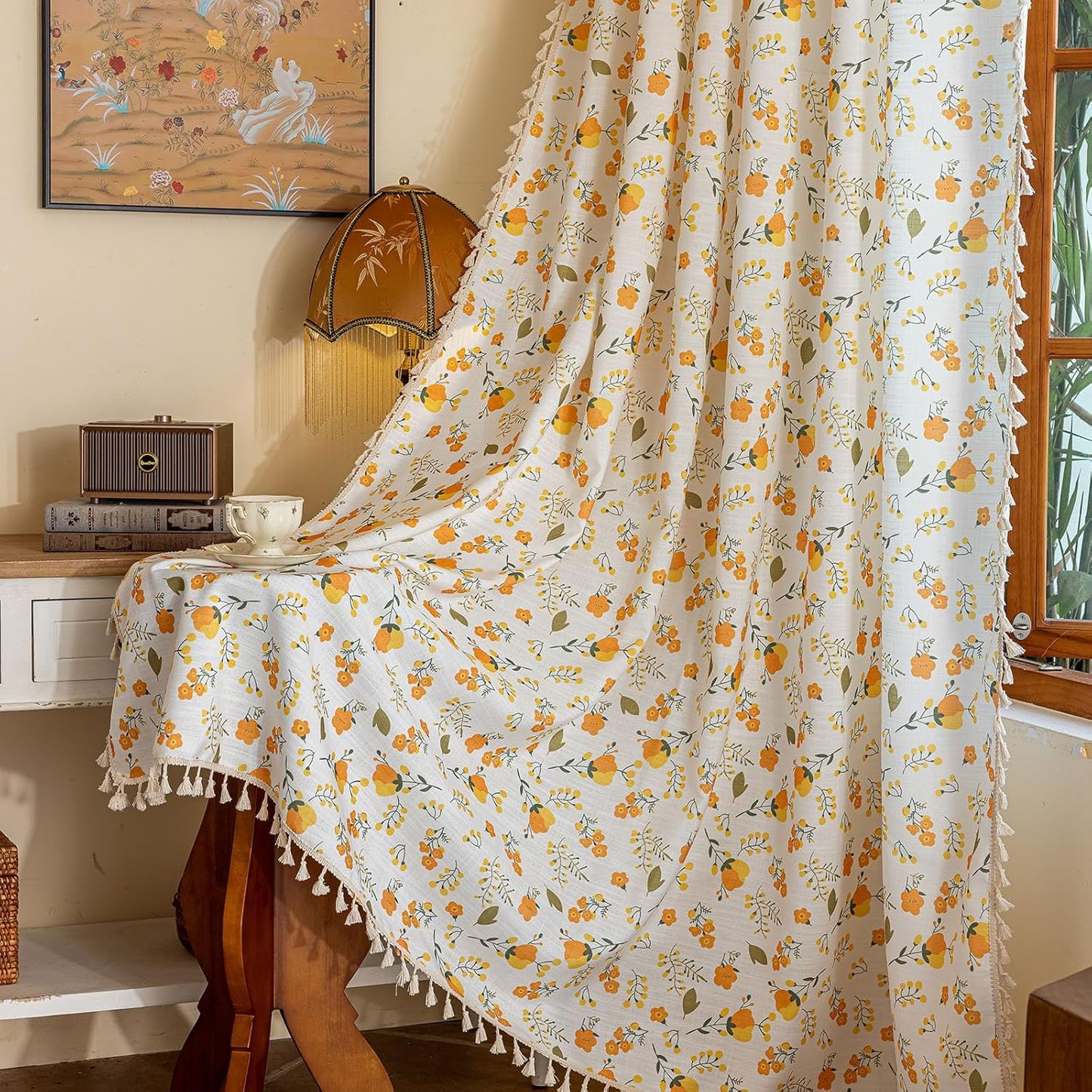 BHUSB Farmhouse Curtains for Living Room 84 Inch Length,Boho Floral Cotton Linen Window Curtains Semi-Blackout Drapes for Bedroom,Bohemian Decoration Drapes,2 Panels