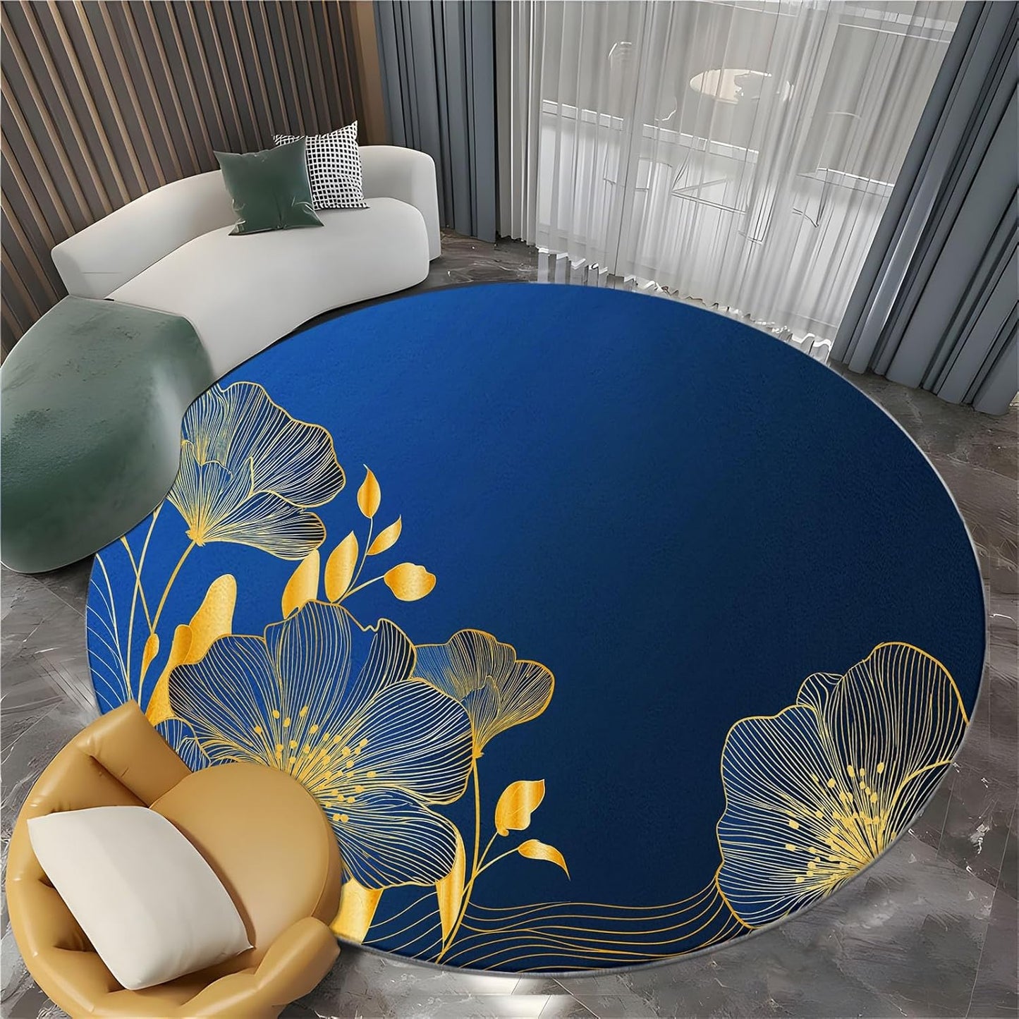 Round Area Rug 7 ft Country Style White Wood House Non-Slip Washable Round Rug, Tan Accent Carpet for Dining Room, Living Room, Bedroom, Entryway and Kitchen