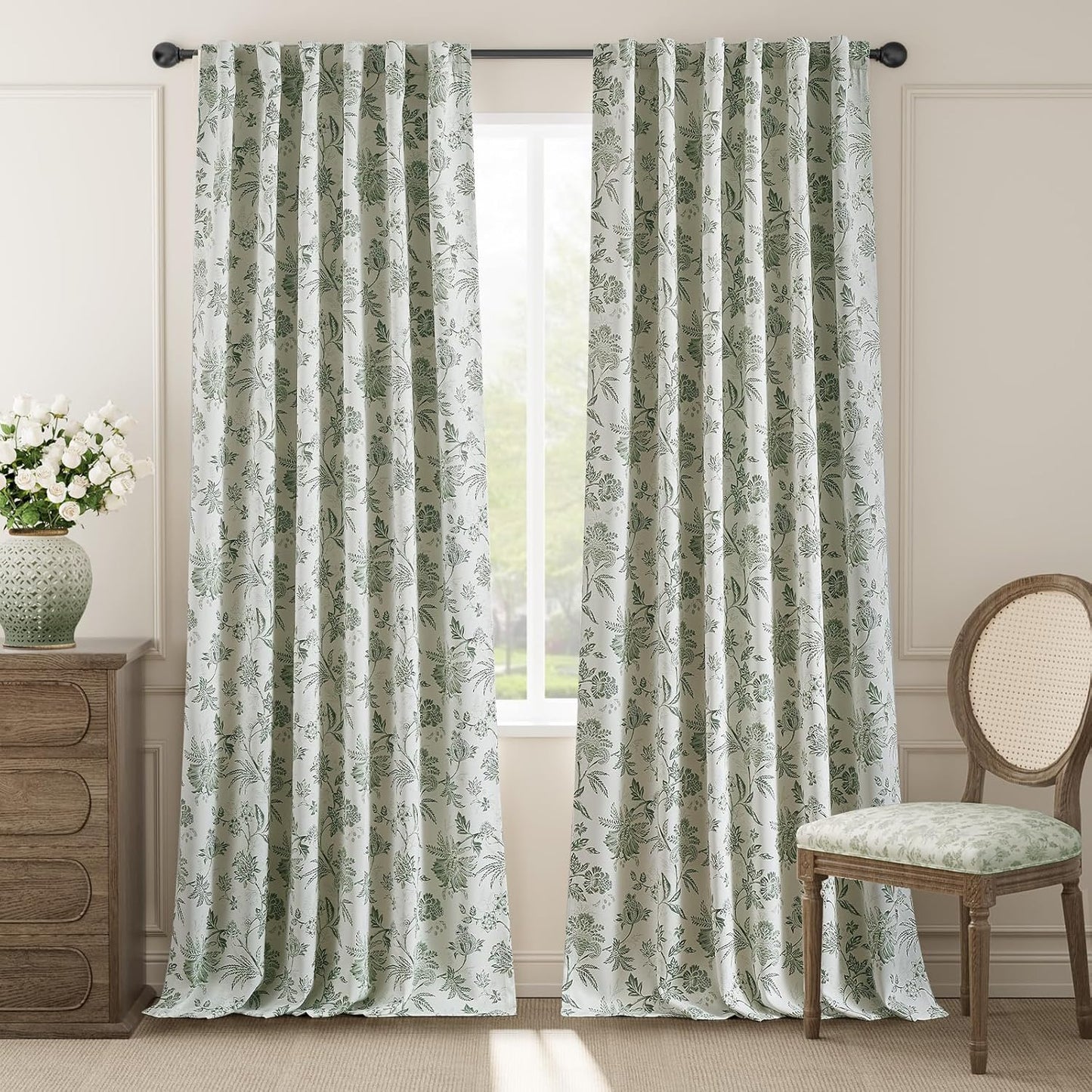 jinchan Blackout Floral Curtains for Bedroom, 96 Inches Long Printed Flower Black Out Curtains, French Country Back Tab Sage Green Window Treatment Farmhouse Drapes Set 2 Panels Green