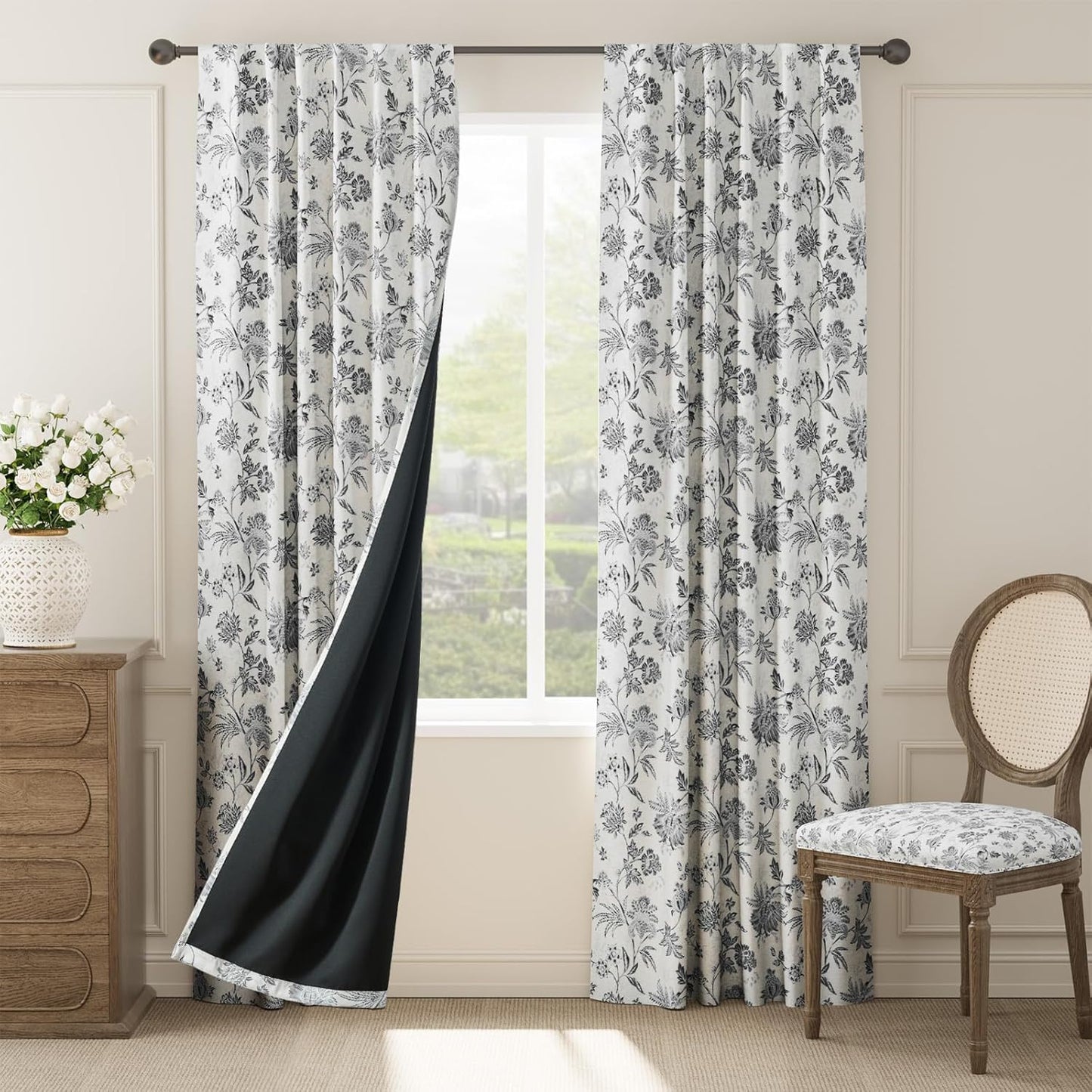 jinchan Blackout Floral Curtains for Bedroom, 96 Inches Long Printed Flower Black Out Curtains, French Country Back Tab Sage Green Window Treatment Farmhouse Drapes Set 2 Panels Green
