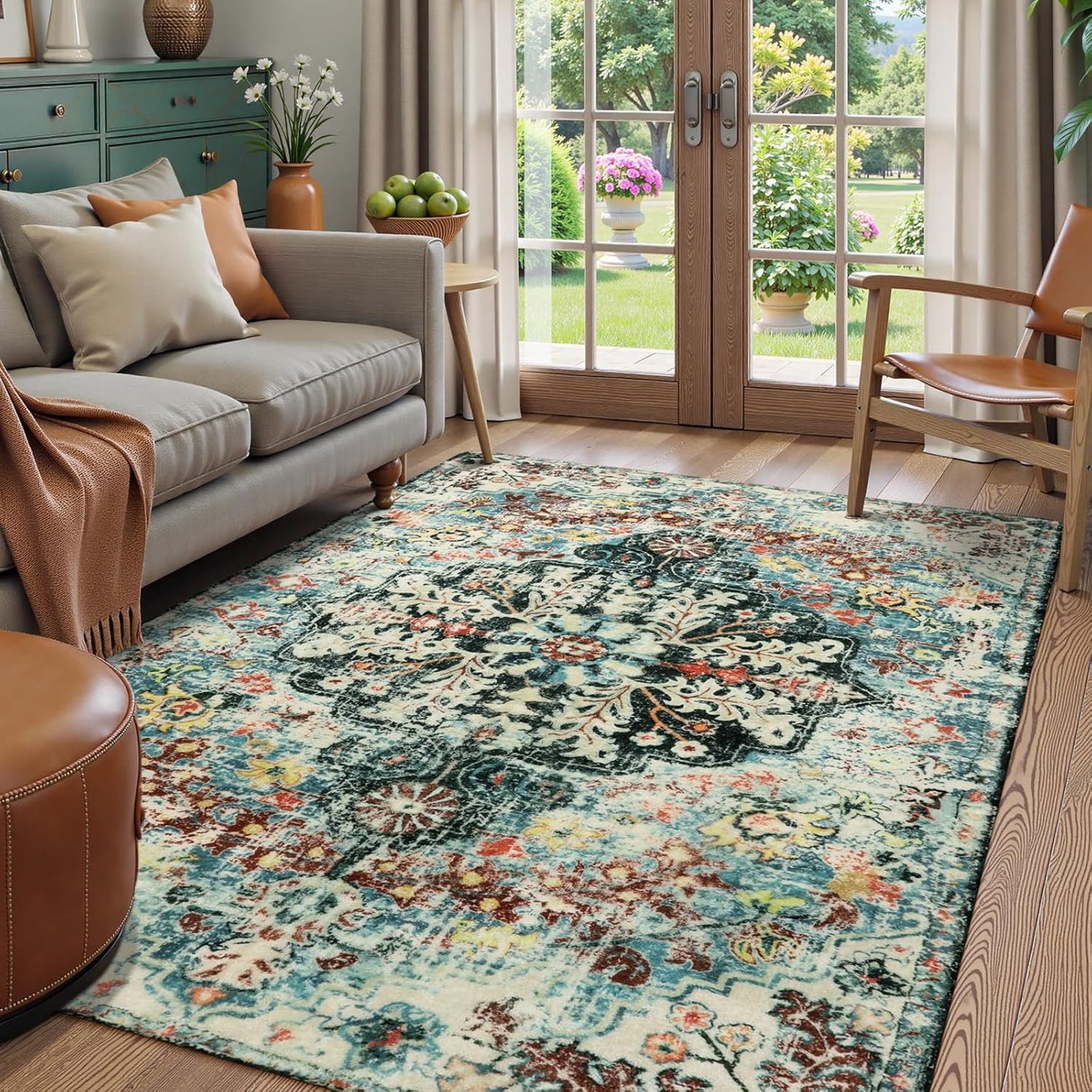 Lahome Bohemian Floral Medallion Round Rug - 4Ft Soft Bedroom Area Rug Oriental Distressed Washable Entryway Foyer Throw Mat Non-Slip Door Carpet for Dining Living Room Bedside Nursery, Orange/Multi